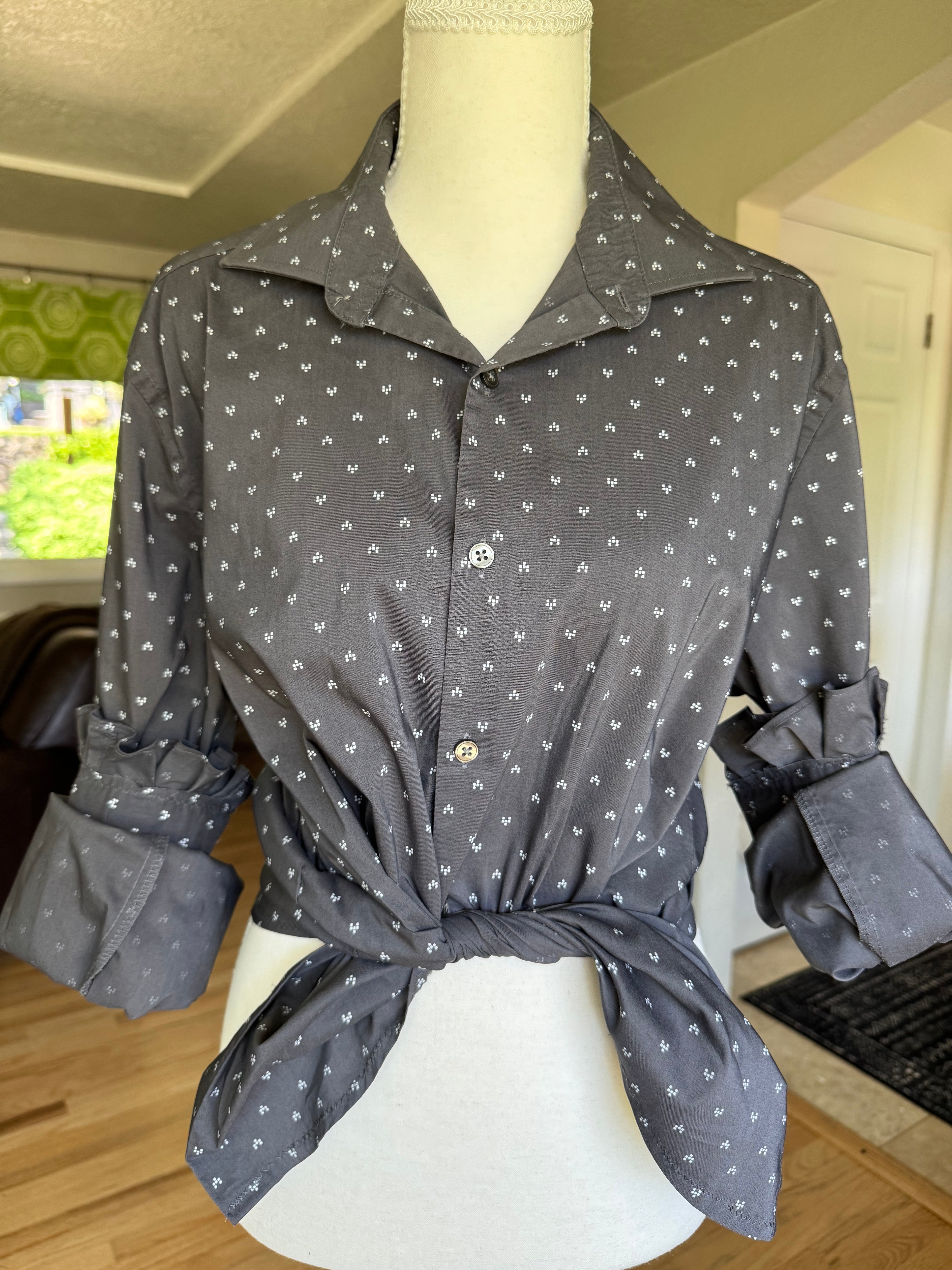 Parker - Upcycled Mens Dress Shirt Ruffle sleeves - Gray with white design size M/L