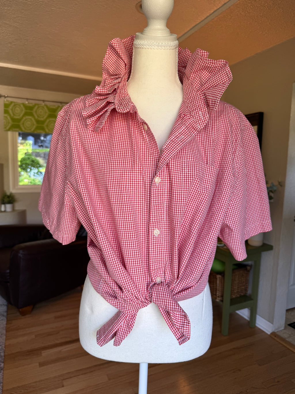 Gingham - Reworked Mens Dress shirts with ruffle Collar - Orange - Size XL