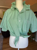 Gingham (well it's stripes actually) - Reworked Mens Dress shirts with ruffle Collar - Green Seersucker - Size Large