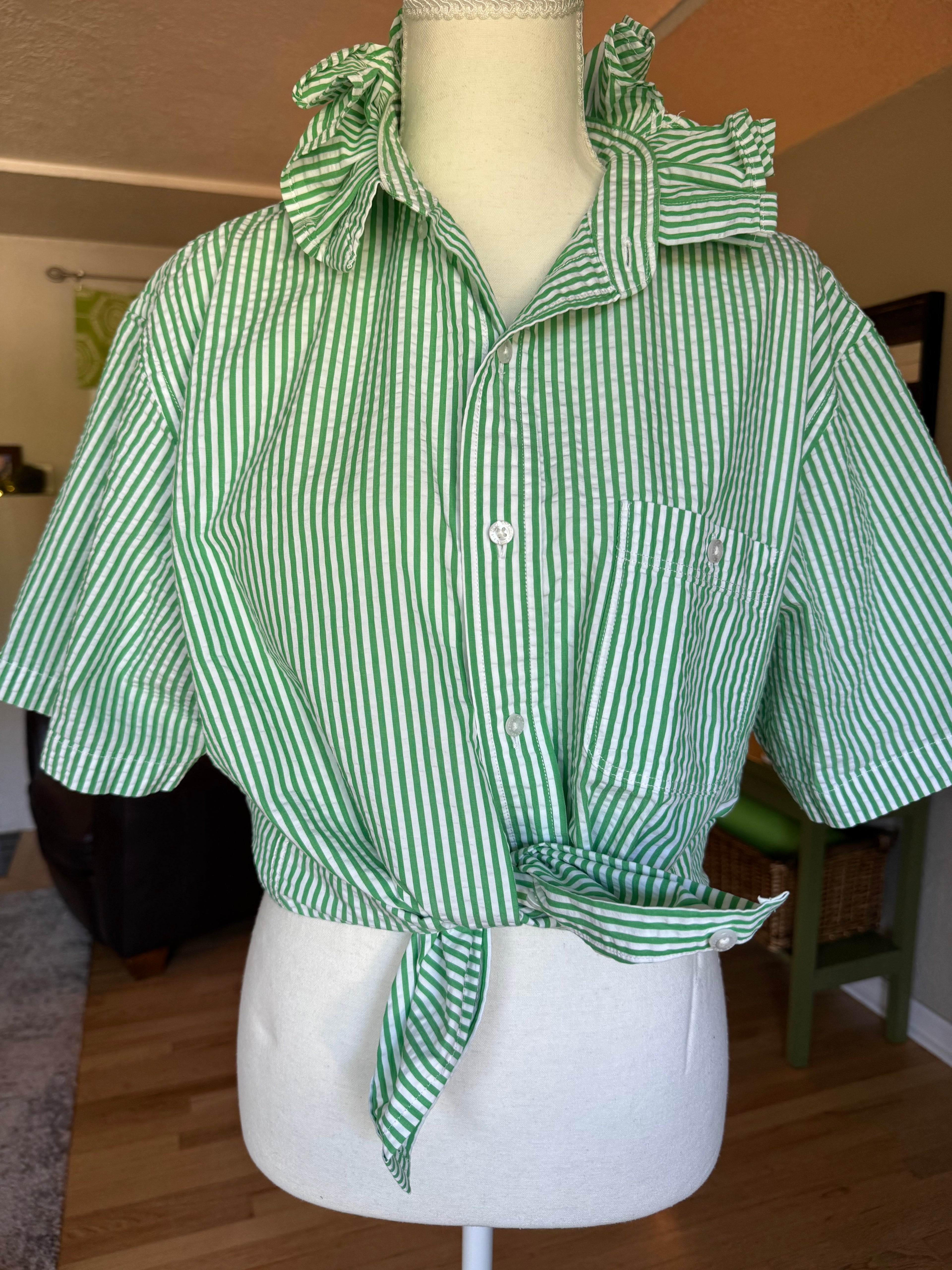 Gingham (well it's stripes actually) - Reworked Mens Dress shirts with ruffle Collar - Green Seersucker - Size Large