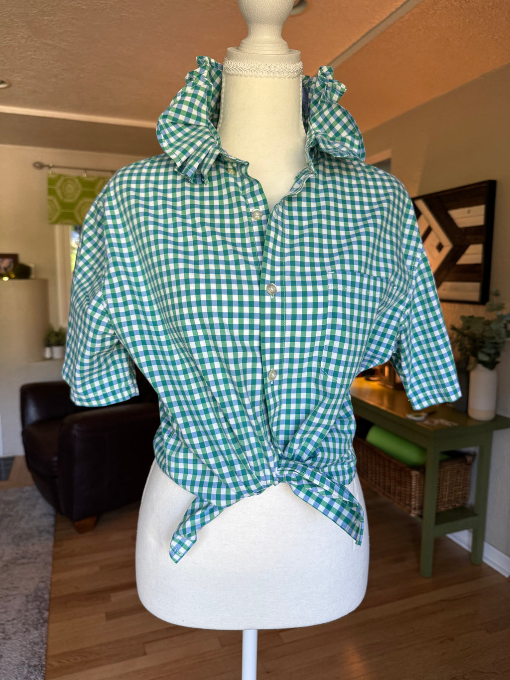 Gingham  - Reworked Mens Dress shirts with ruffle Collar - Blue and Green - Size Medium