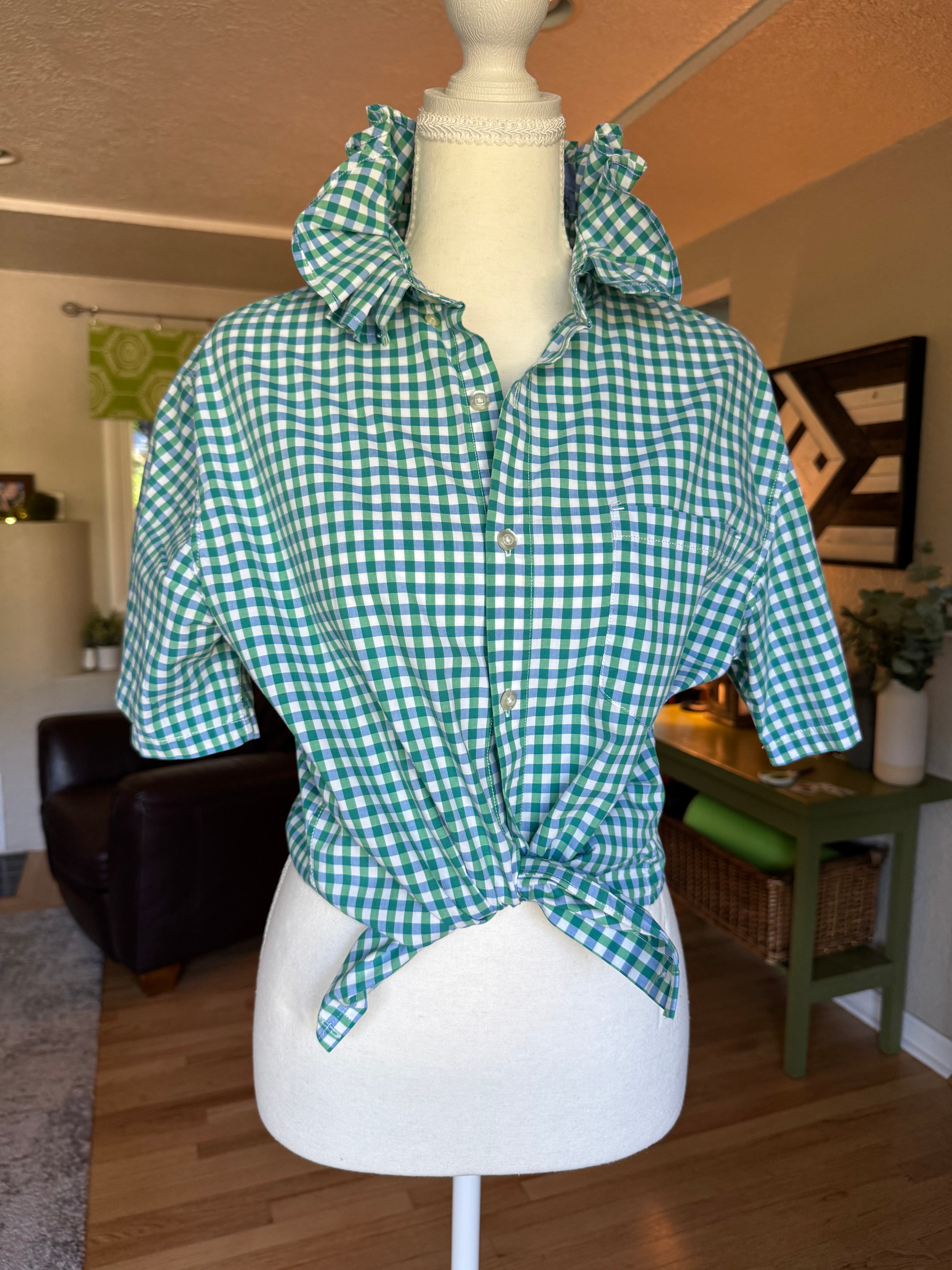Gingham  - Reworked Mens Dress shirts with ruffle Collar - Blue and Green - Size Medium