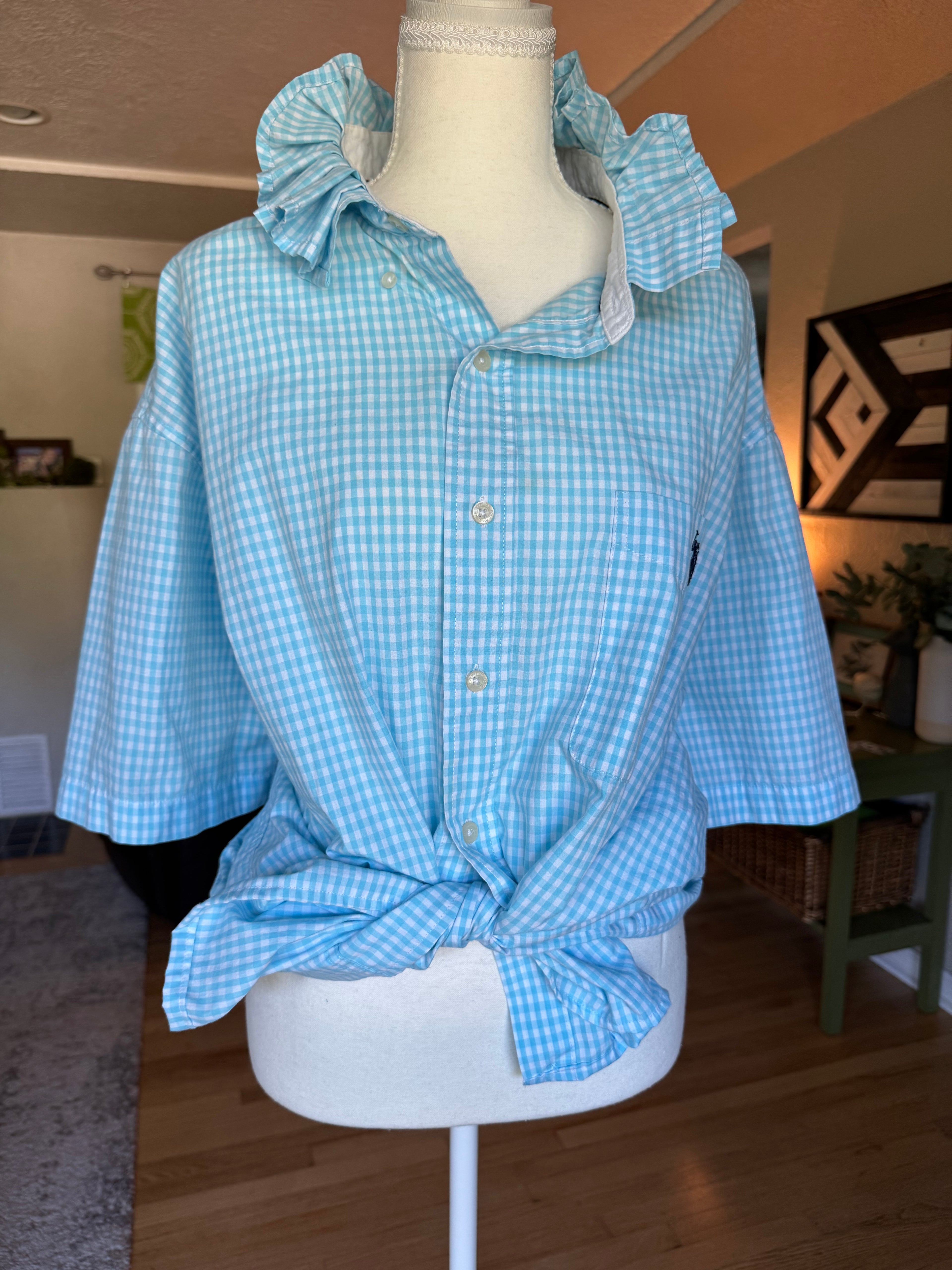 Gingham  - Reworked Mens Dress shirts with ruffle Collar - Turquoise - Size XXL
