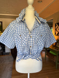 Gingham  - Reworked Mens Dress shirts with ruffle Collar - Light Blue - Size Large