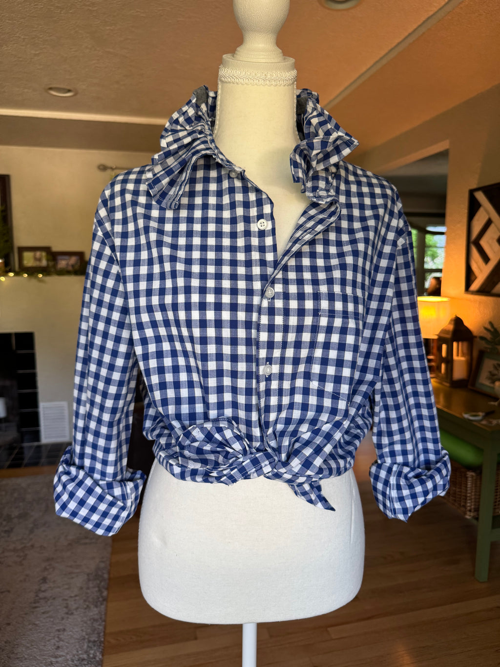 Gingham  - Reworked Mens Dress shirts with ruffle Collar - Royal Blue - Size Large