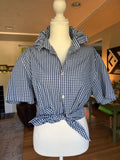 Gingham  - Reworked Mens Dress shirts with ruffle Collar - Navy Blue - Size Medium