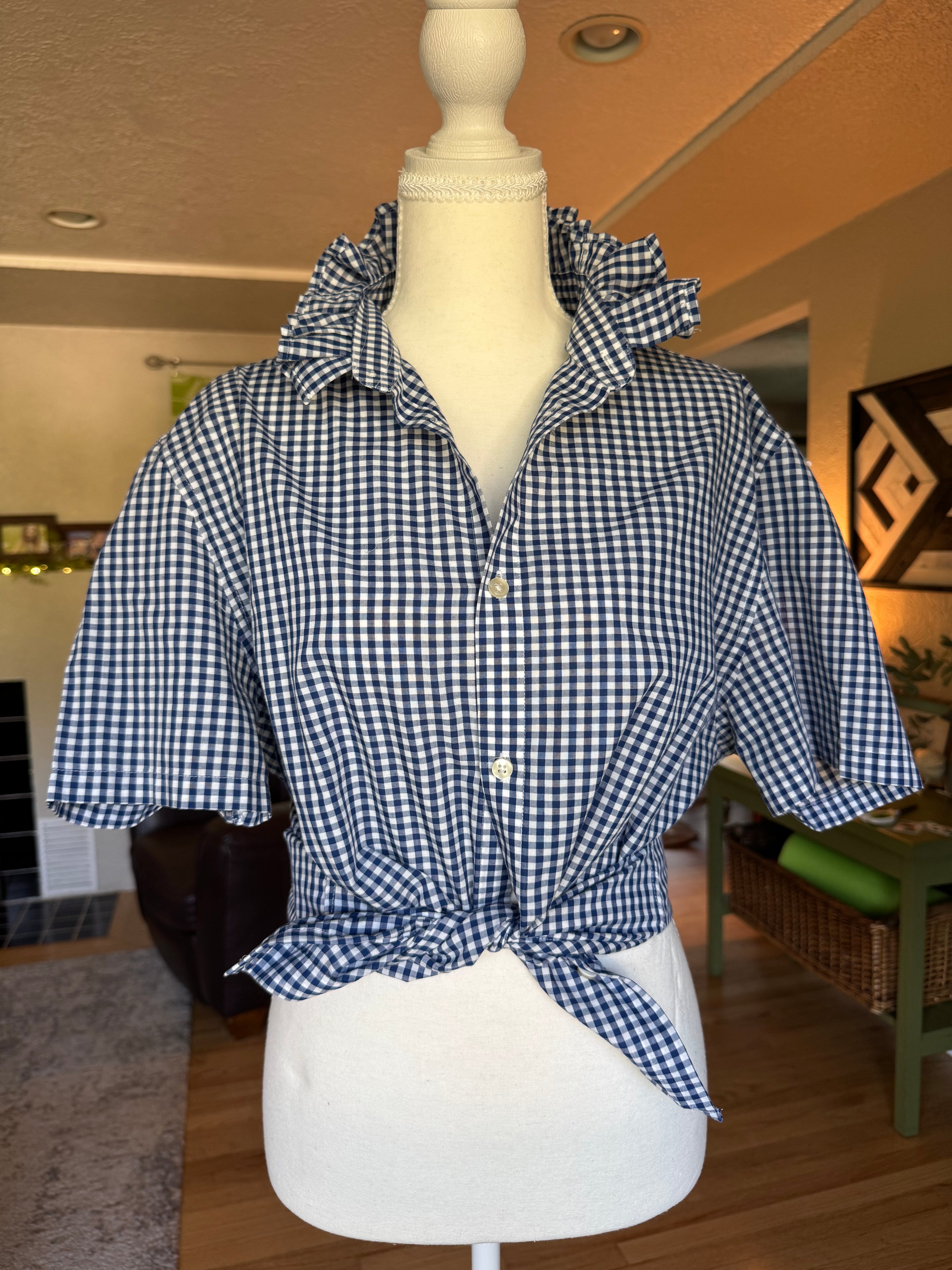 Gingham  - Reworked Mens Dress shirts with ruffle Collar - Navy Blue - Size Medium