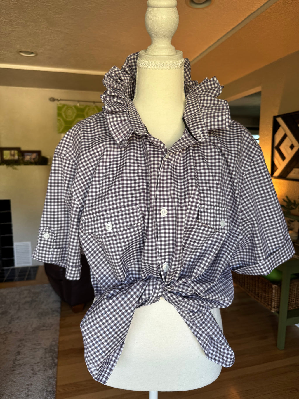 Gingham  - Reworked Mens Dress shirts with ruffle Collar - Eggplant - Size XXL