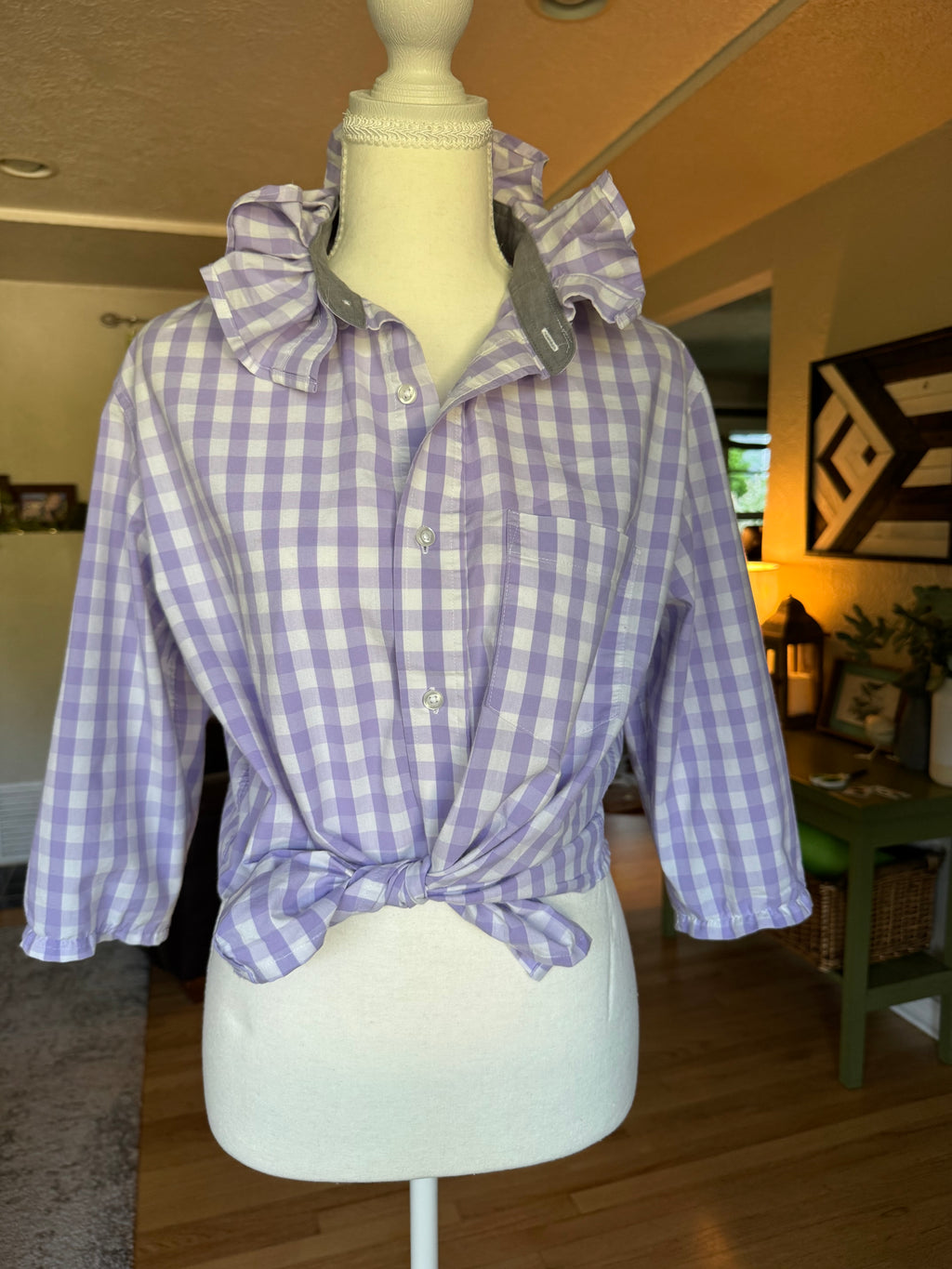 Gingham  - Reworked Mens Dress shirts with ruffle Collar - Lavender - Size Large