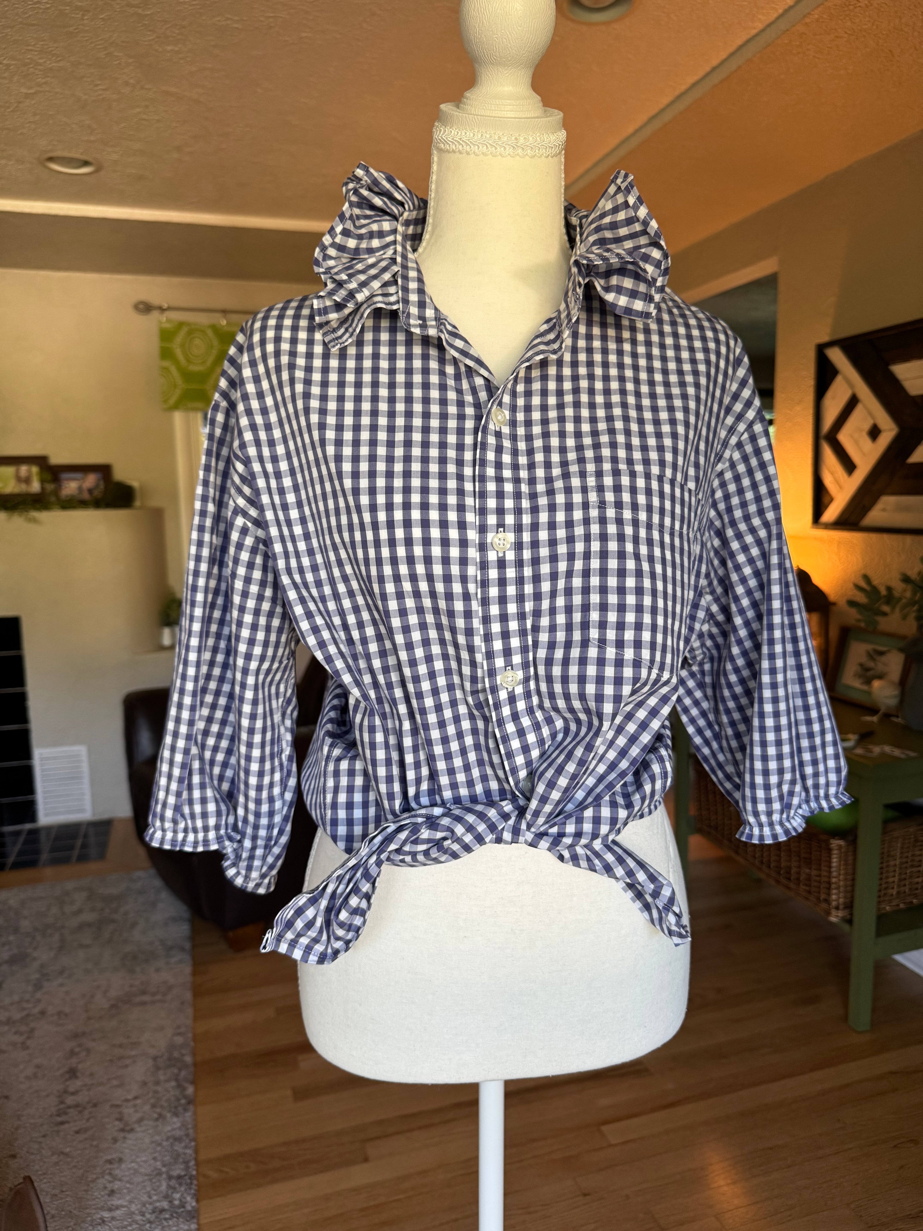 Gingham  - Reworked Mens Dress shirts with ruffle Collar - Dark Purple- Size XL