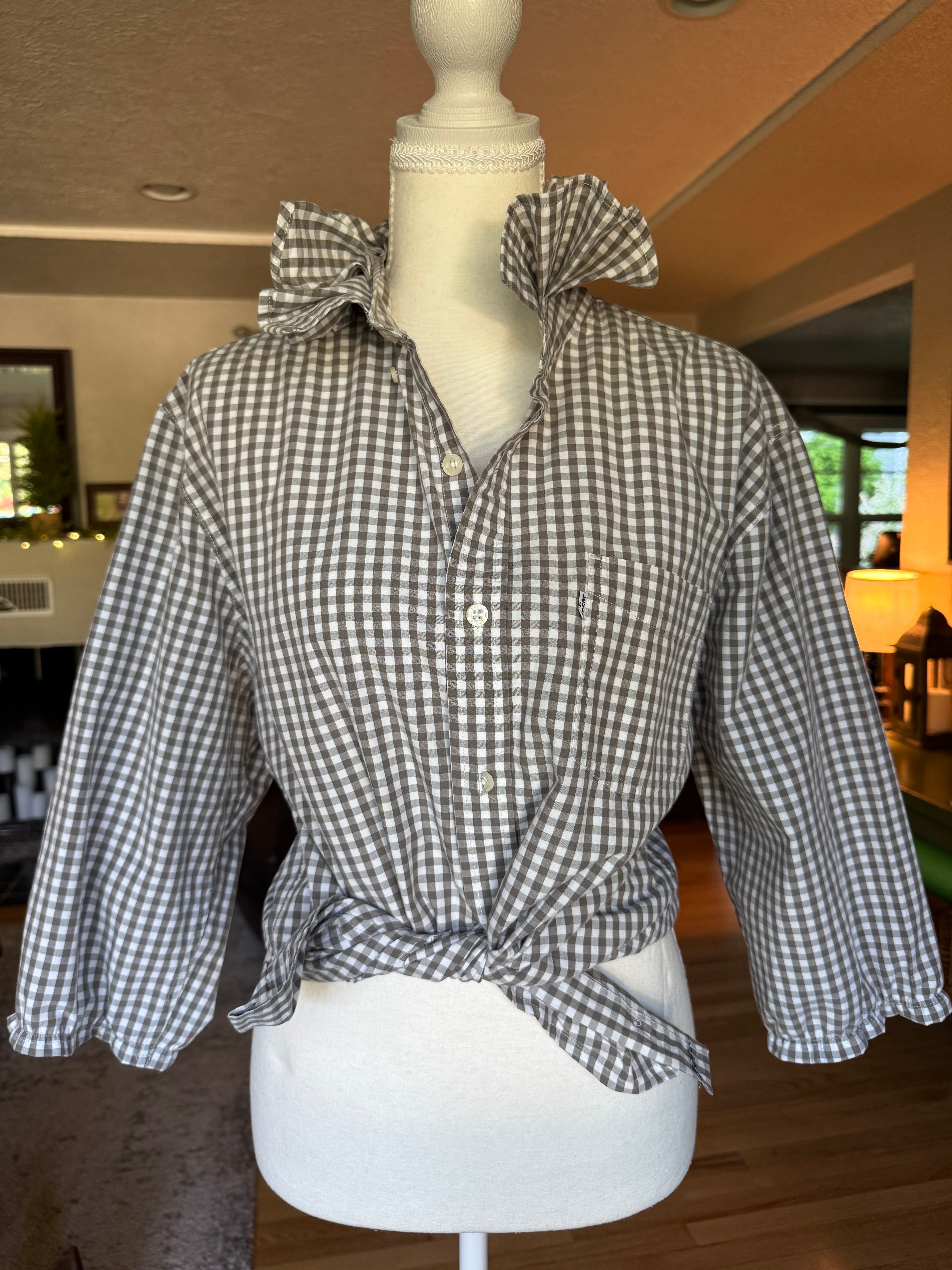 Gingham  - Reworked Mens Dress shirts with ruffle Collar - Khaki- Size Large