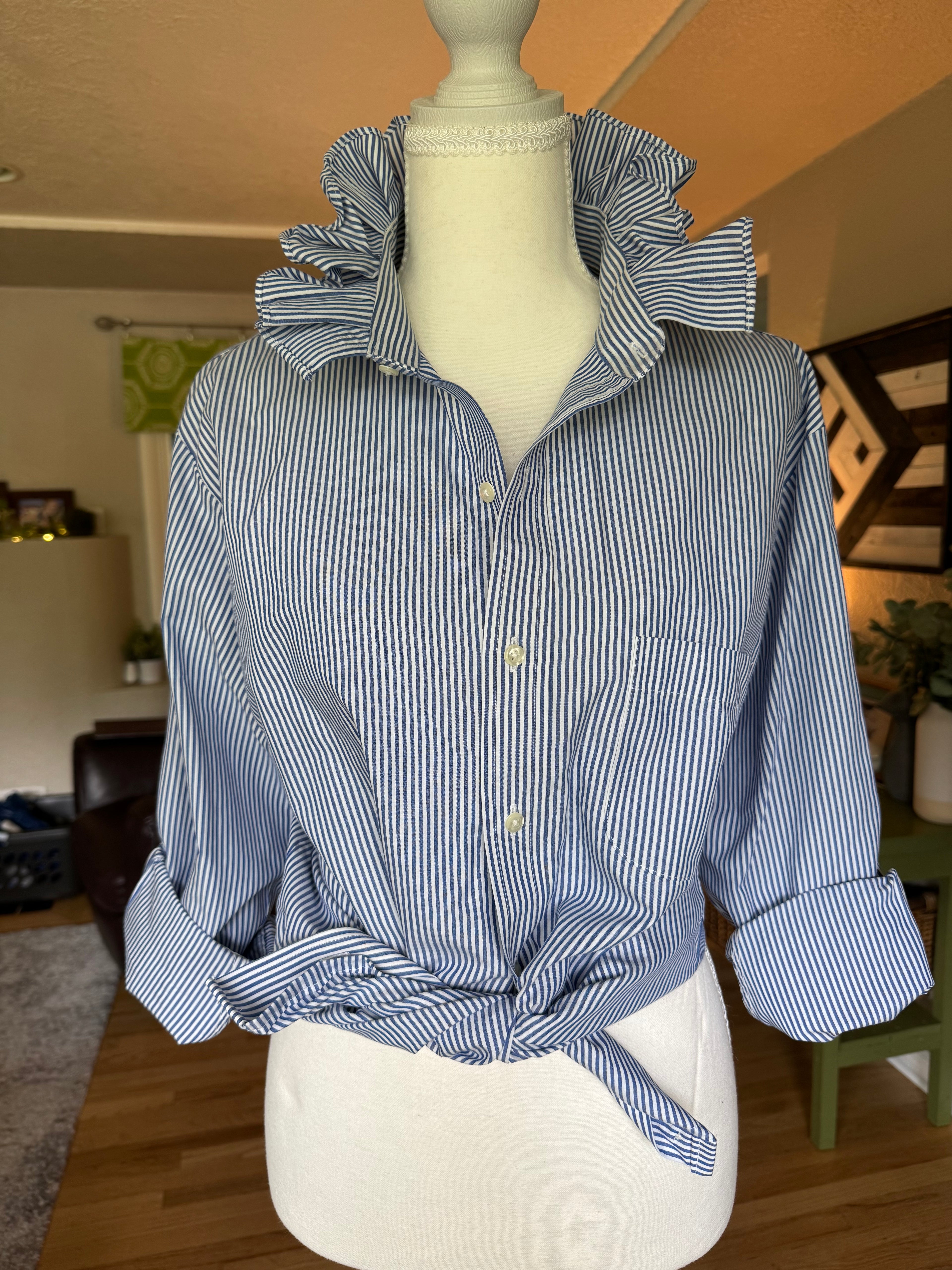 River - Brooks Brother Mens Ruffle Collar Shirt - Blue with white stripes - Small/Medium