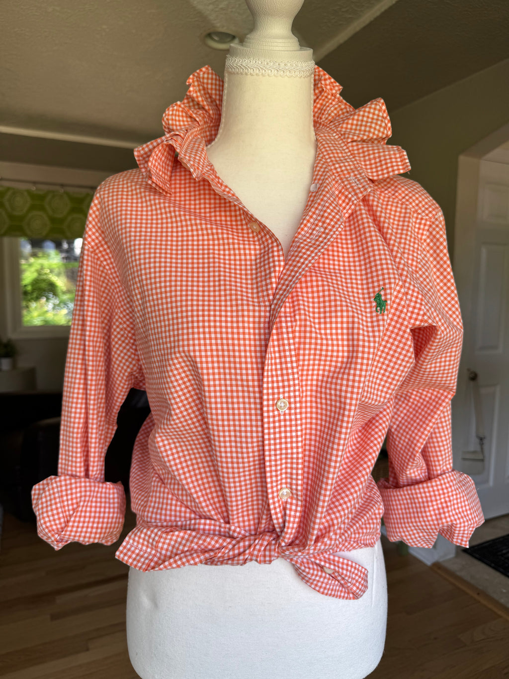 Ralph Lauren - Orange Gingham - Long  Sleeve - Ruffle Collar - Size Large