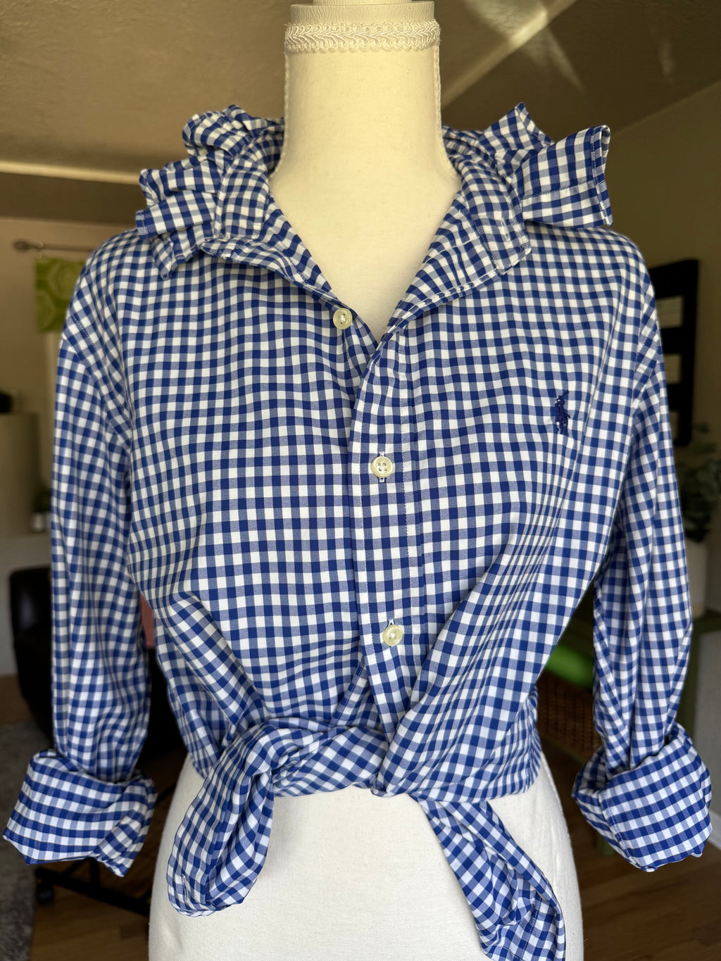 Ralph Lauren - Blue Gingham - Long Sleeve - Ruffle Collar - Size Medium