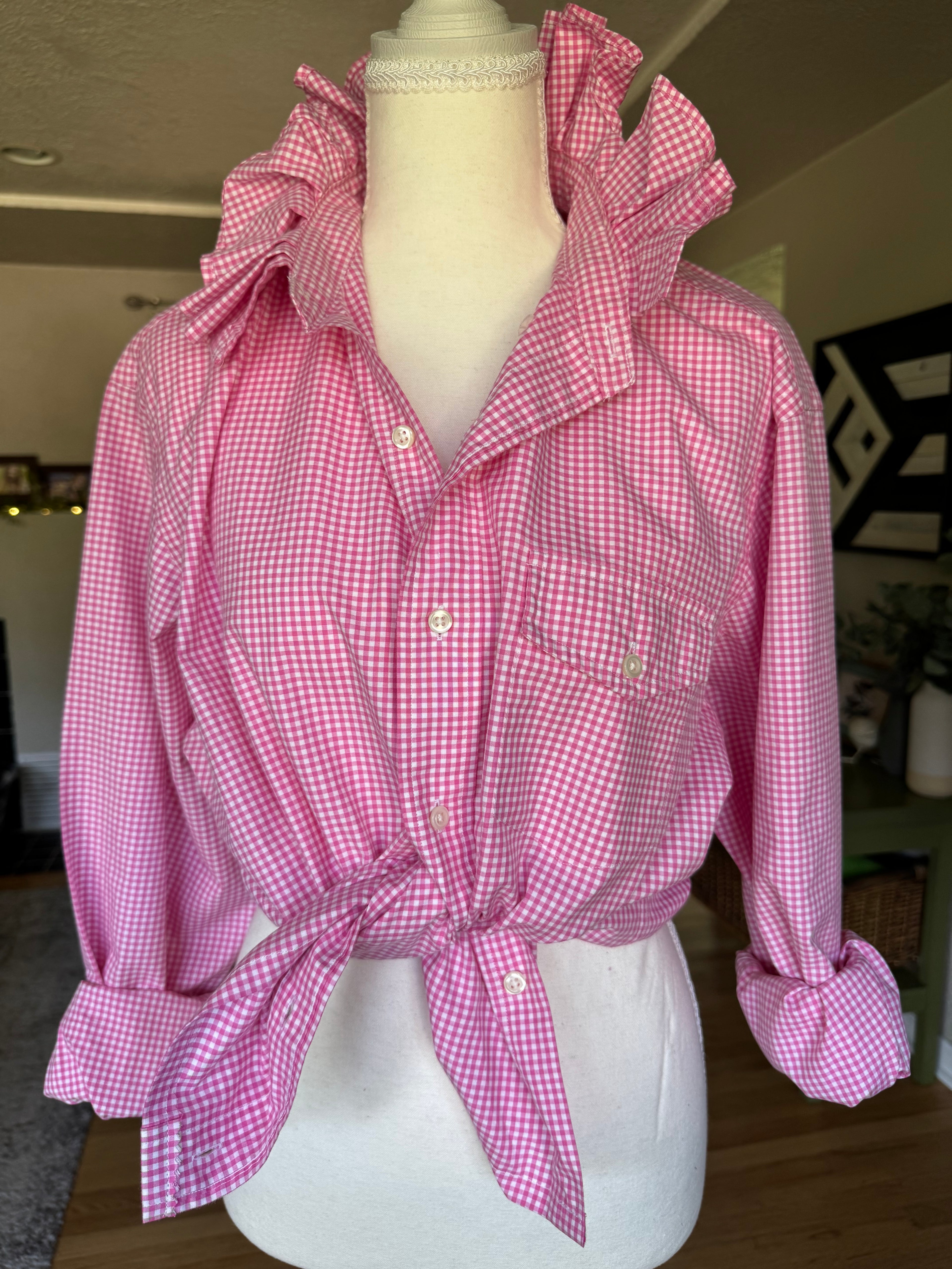 Ralph Lauren - Pink Gingham - Long Sleeve - Ruffle Collar - Large