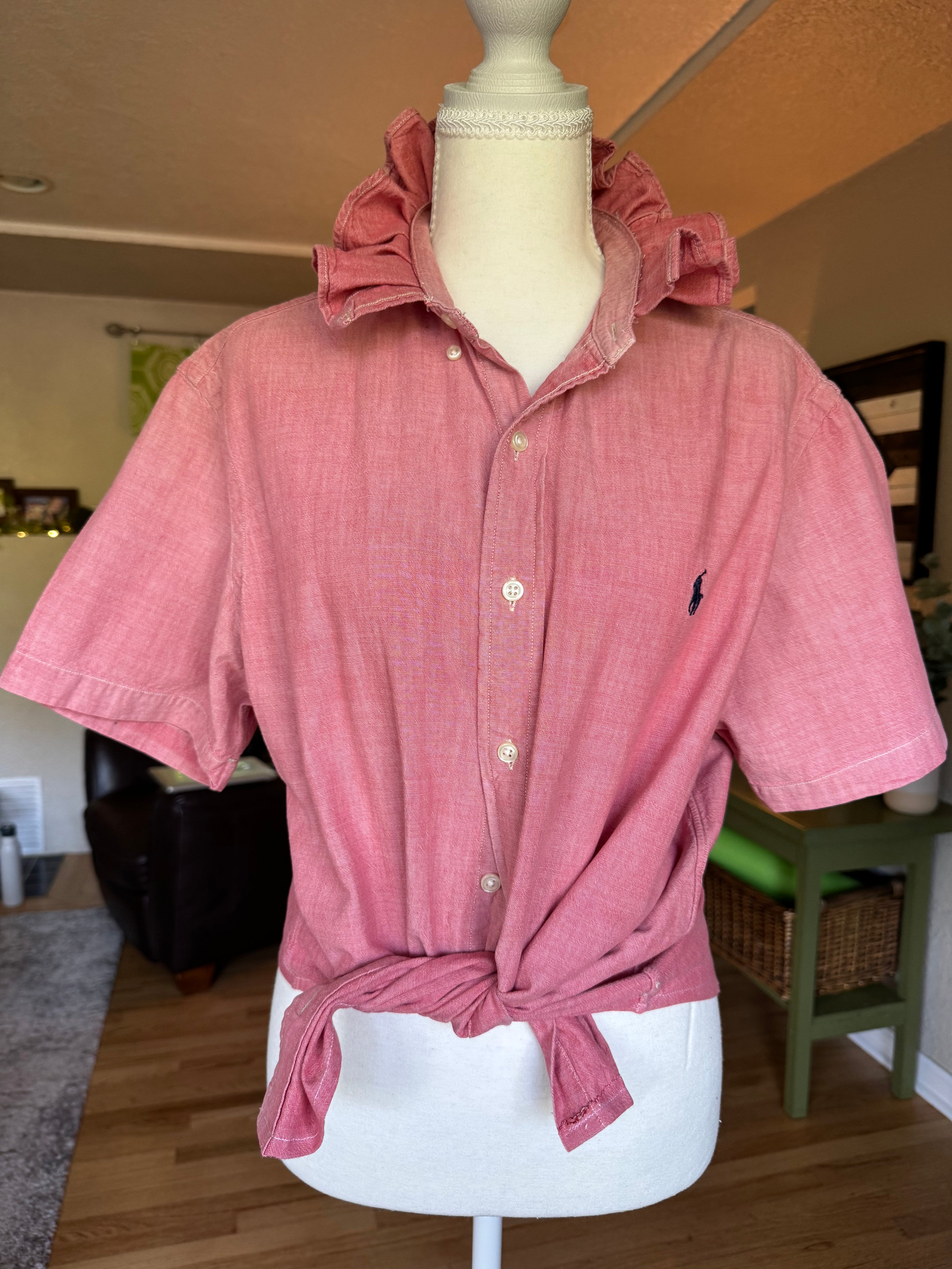 Ralph Lauren - Pink Linen Ombre- Short Sleeve - Ruffle Collar - Large