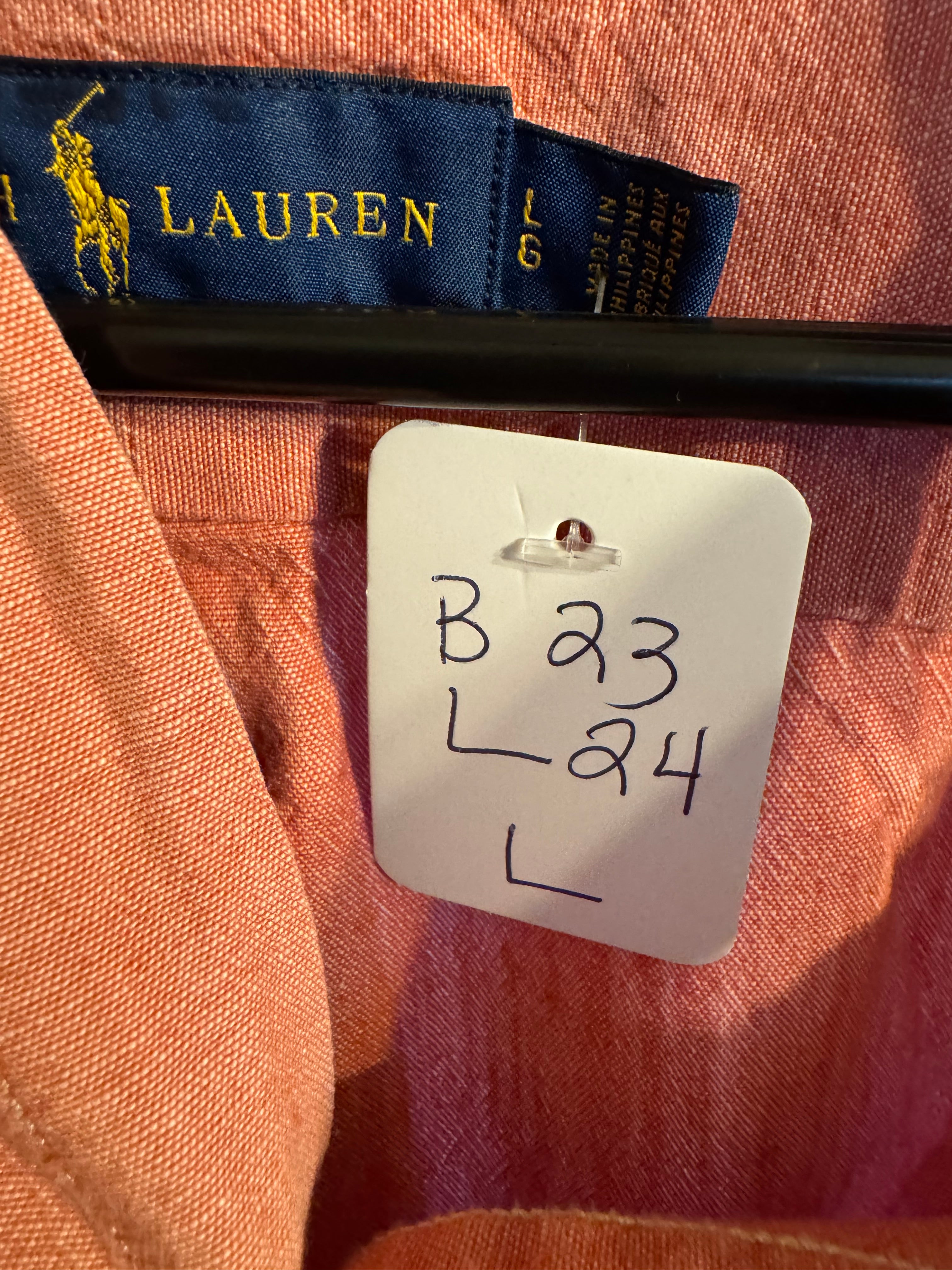 Ralph Lauren - Pink Linen Ombre- Short Sleeve - Ruffle Collar - Large
