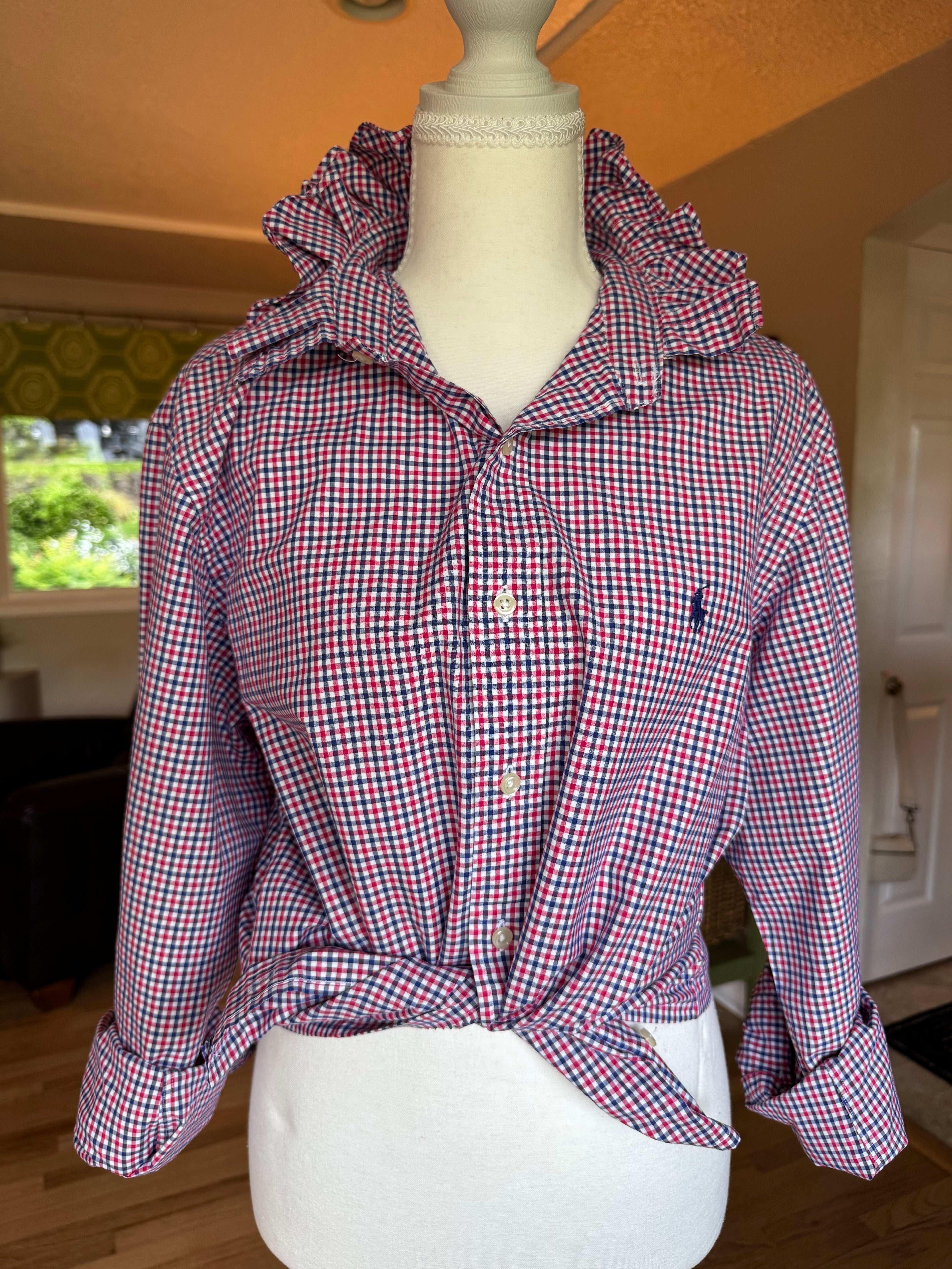 Ralph Lauren - Red and Blue gingham - Long Sleeve - Ruffle Collar - M/Large