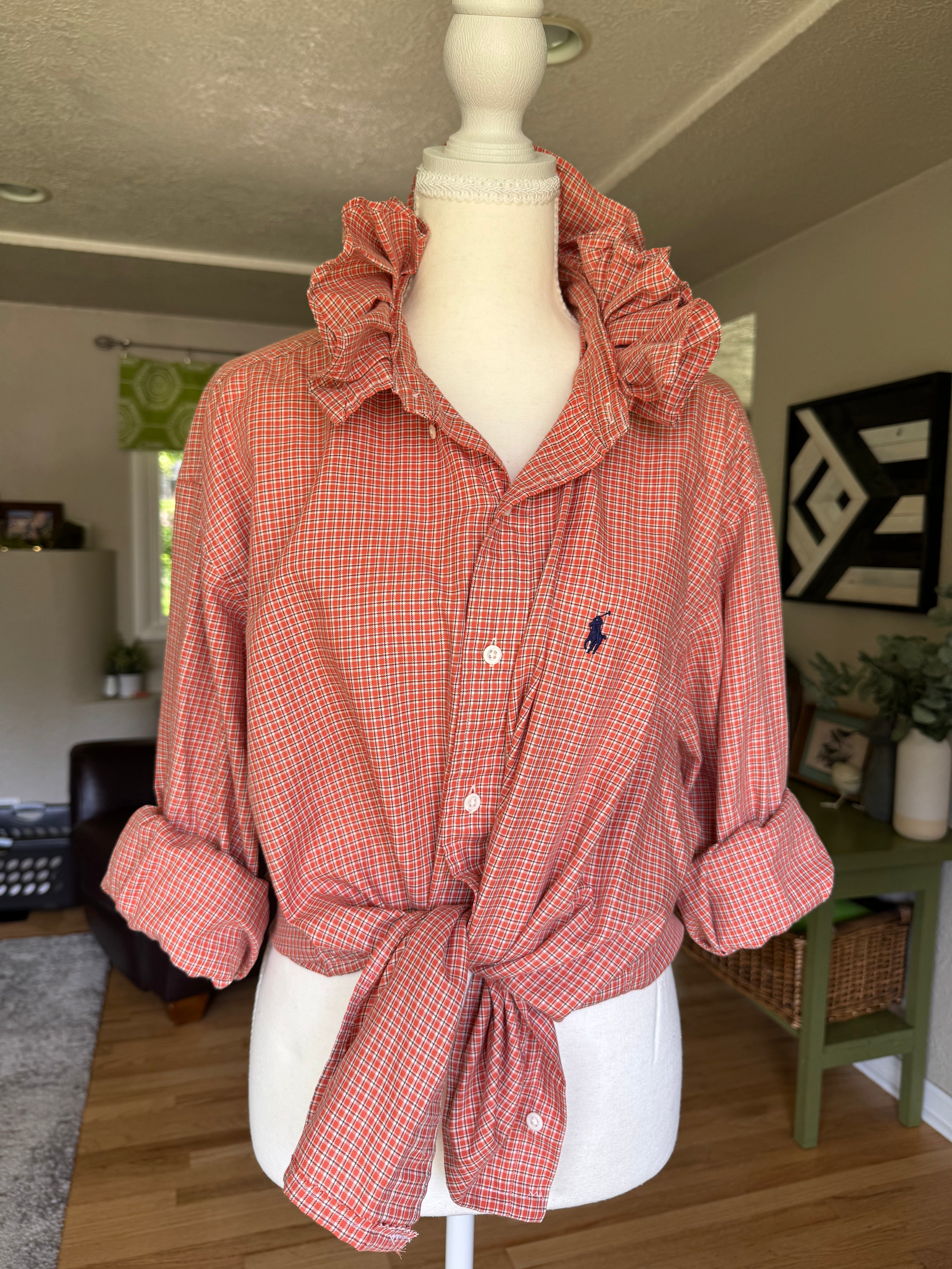 Ralph Lauren - Orange Plaid - Long  Sleeve - Ruffle Collar - Size XXL