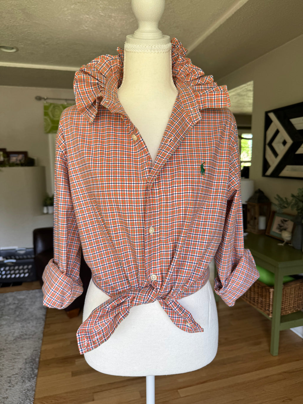 Ralph Lauren - Orange Plaid Flannel -Long Sleeve - Ruffle Collar - Large