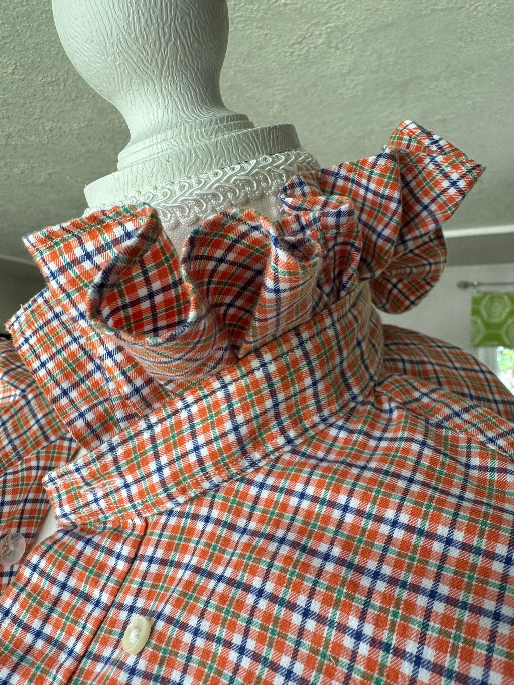 Ralph Lauren - Orange Plaid Flannel -Long Sleeve - Ruffle Collar - Large