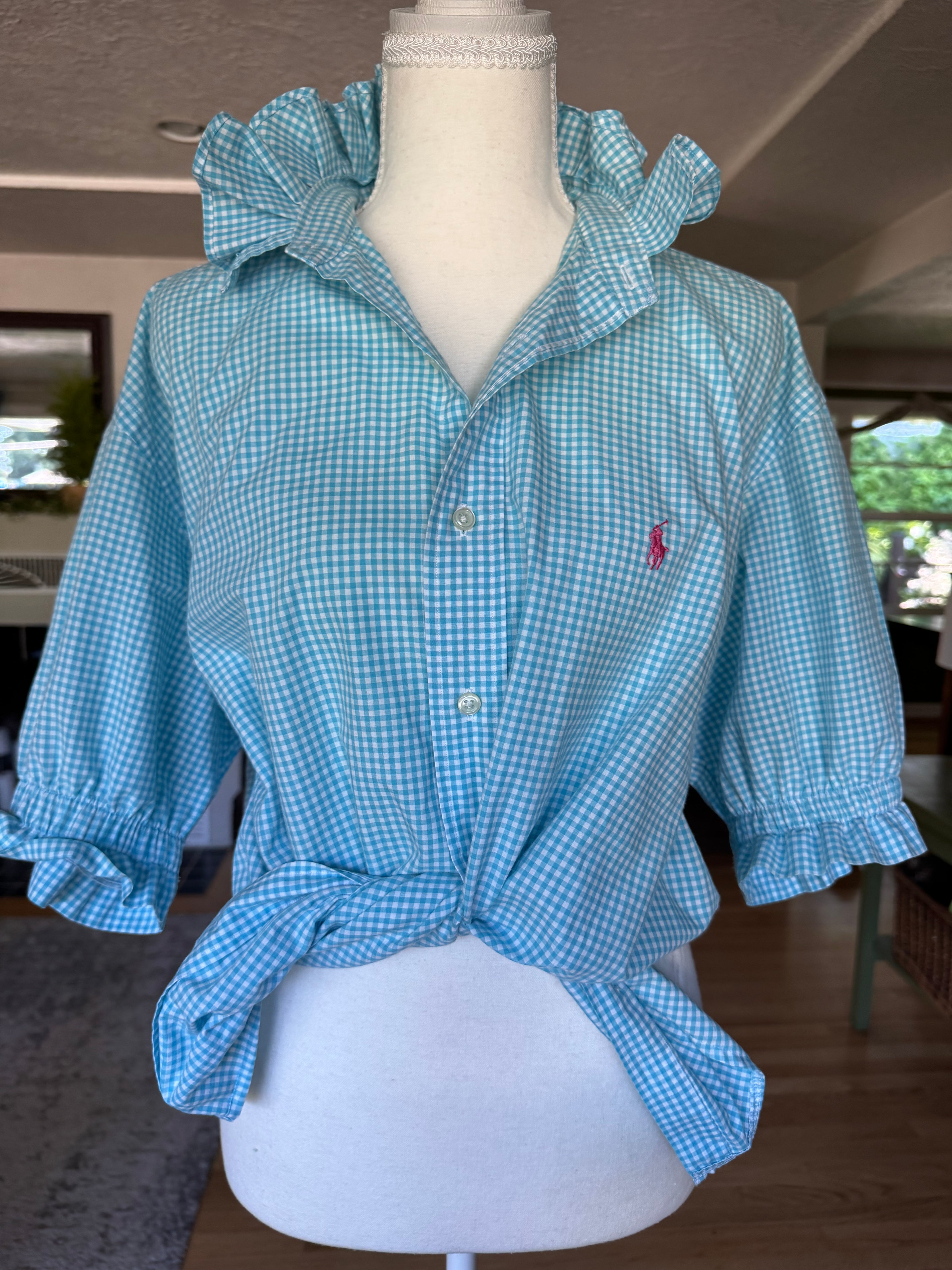 Ralph Lauren - Blue Gingham - Short Gathered Sleeve - Size XL