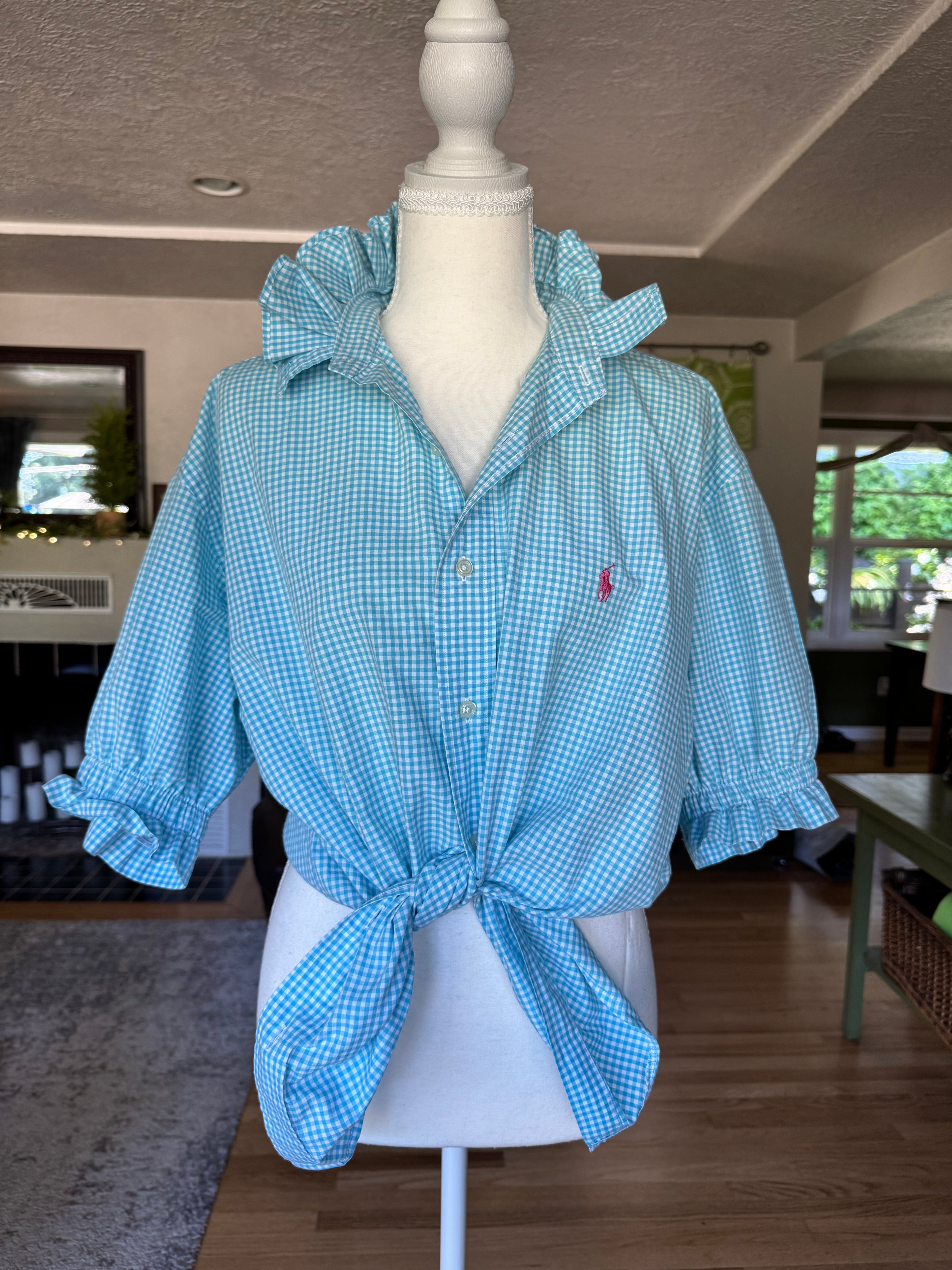 Ralph Lauren - Blue Gingham - Short Gathered Sleeve - Size XL