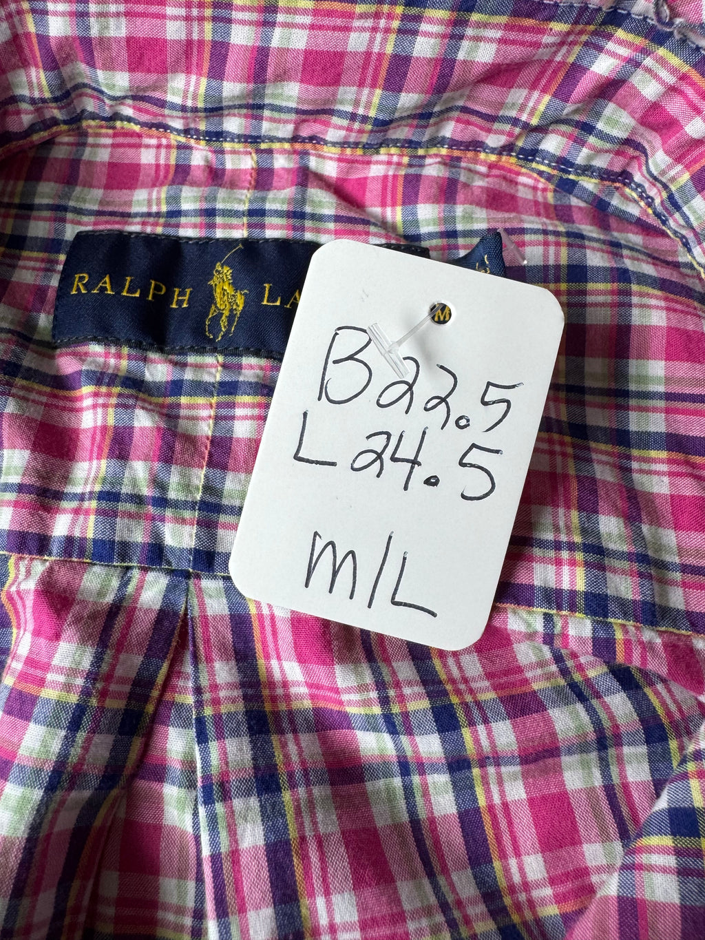 Ralph Lauren -Pink Plaid - Short Gathered Sleeve - Size Medium/Large