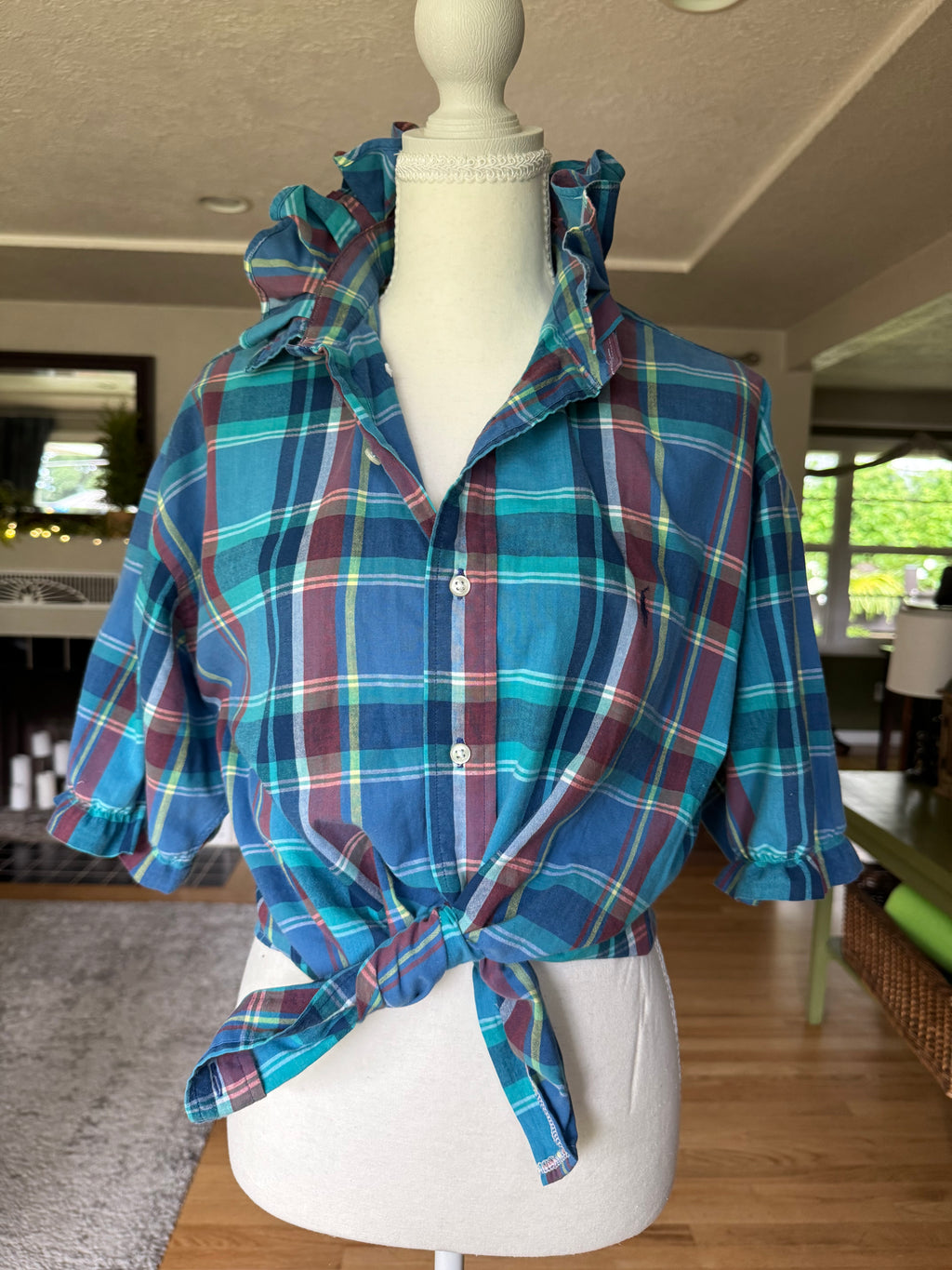 Ralph Lauren - Turquoise Plaid - Short Gathered Sleeve - Size XL