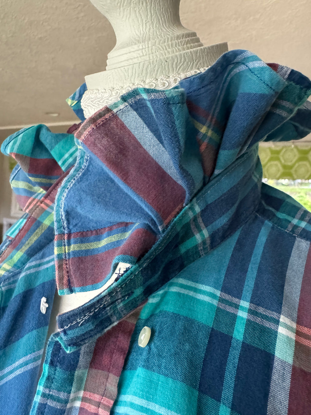 Ralph Lauren - Turquoise Plaid - Short Gathered Sleeve - Size XL