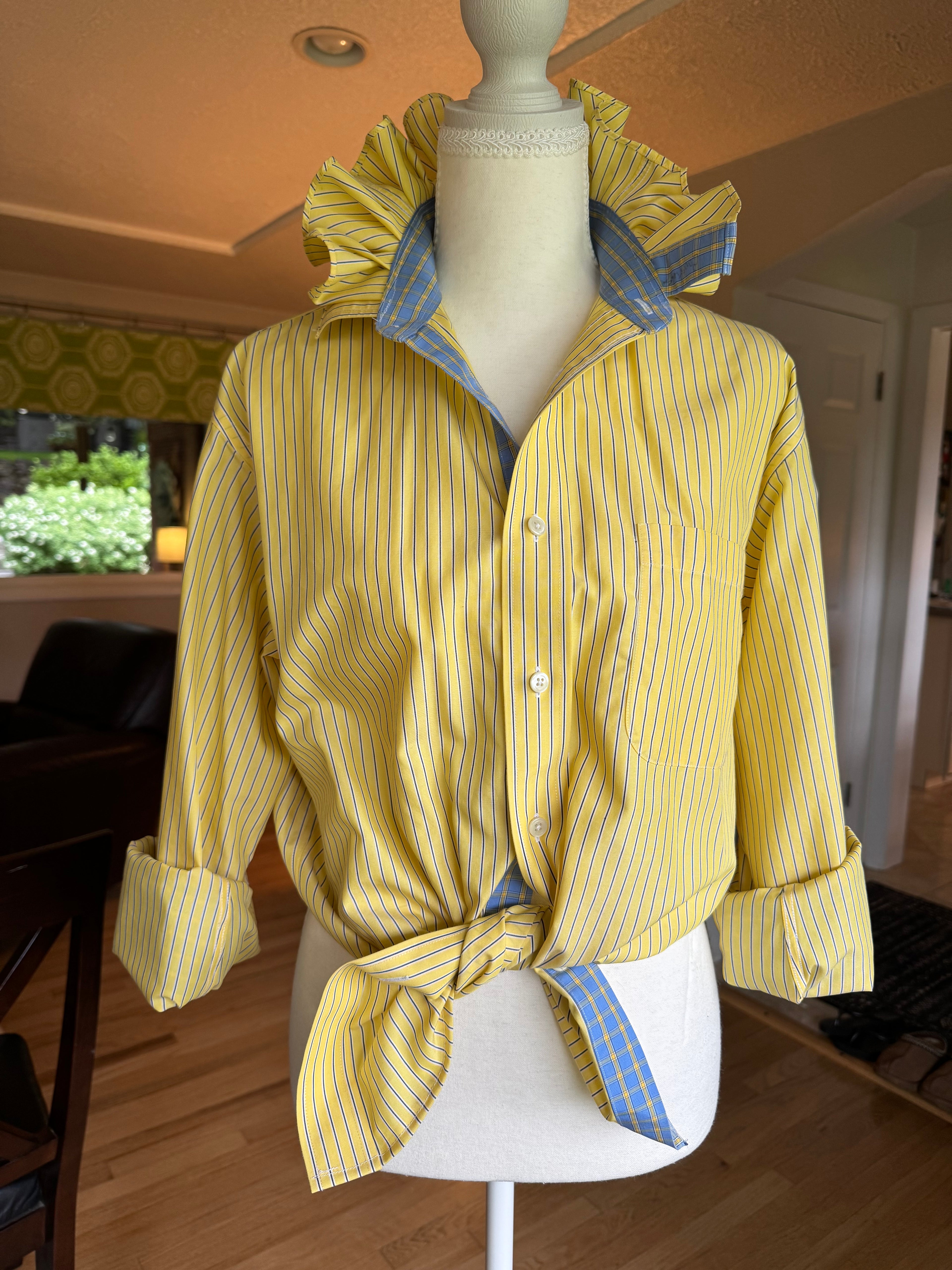 Yellow and Blue Striped Long Sleeve Ruffle Shirt - Size Large