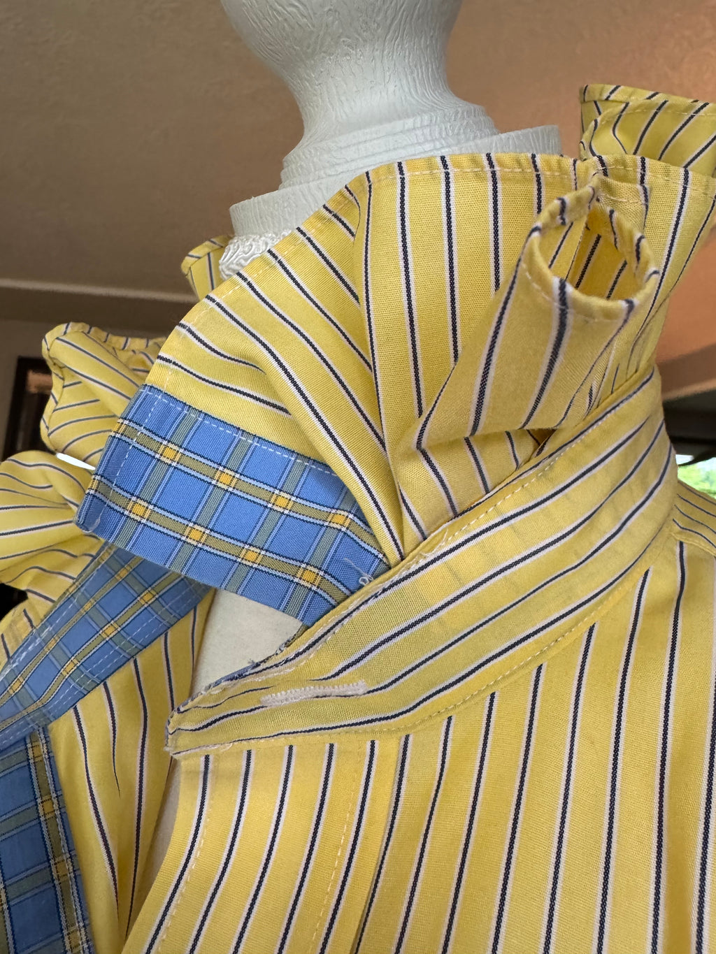 Yellow and Blue Striped Long Sleeve Ruffle Shirt - Size Large