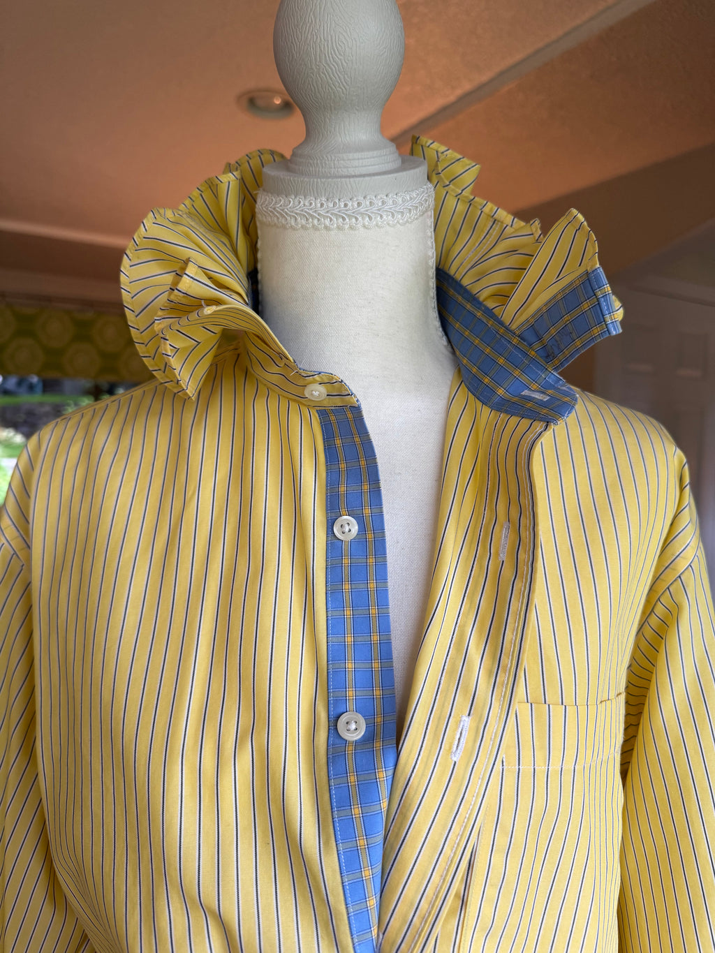 Yellow and Blue Striped Long Sleeve Ruffle Shirt - Size Large