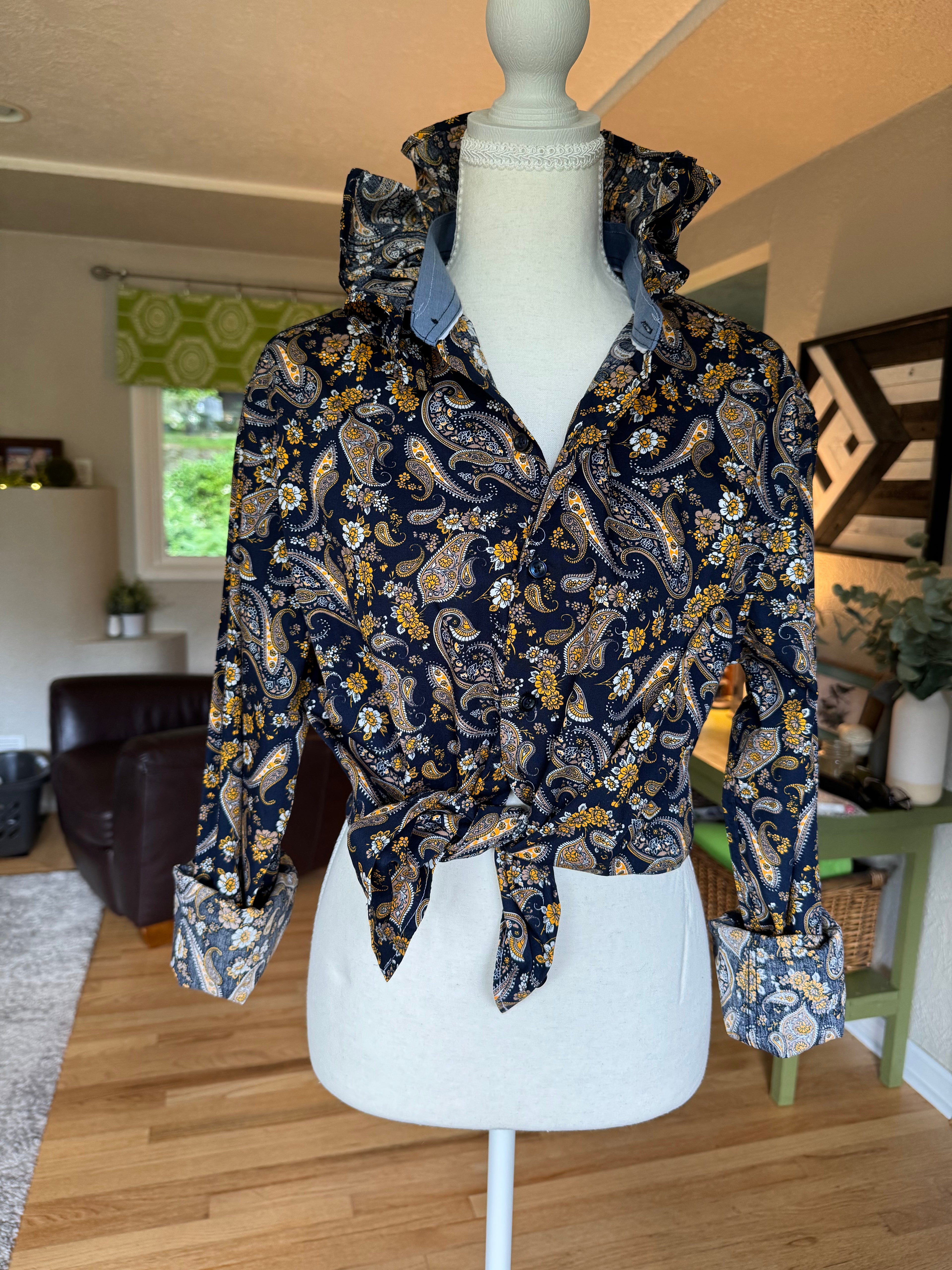 Navy with Yellow Paisley - Long Sleeve - Ruffle Collar Shirt - Size Medium