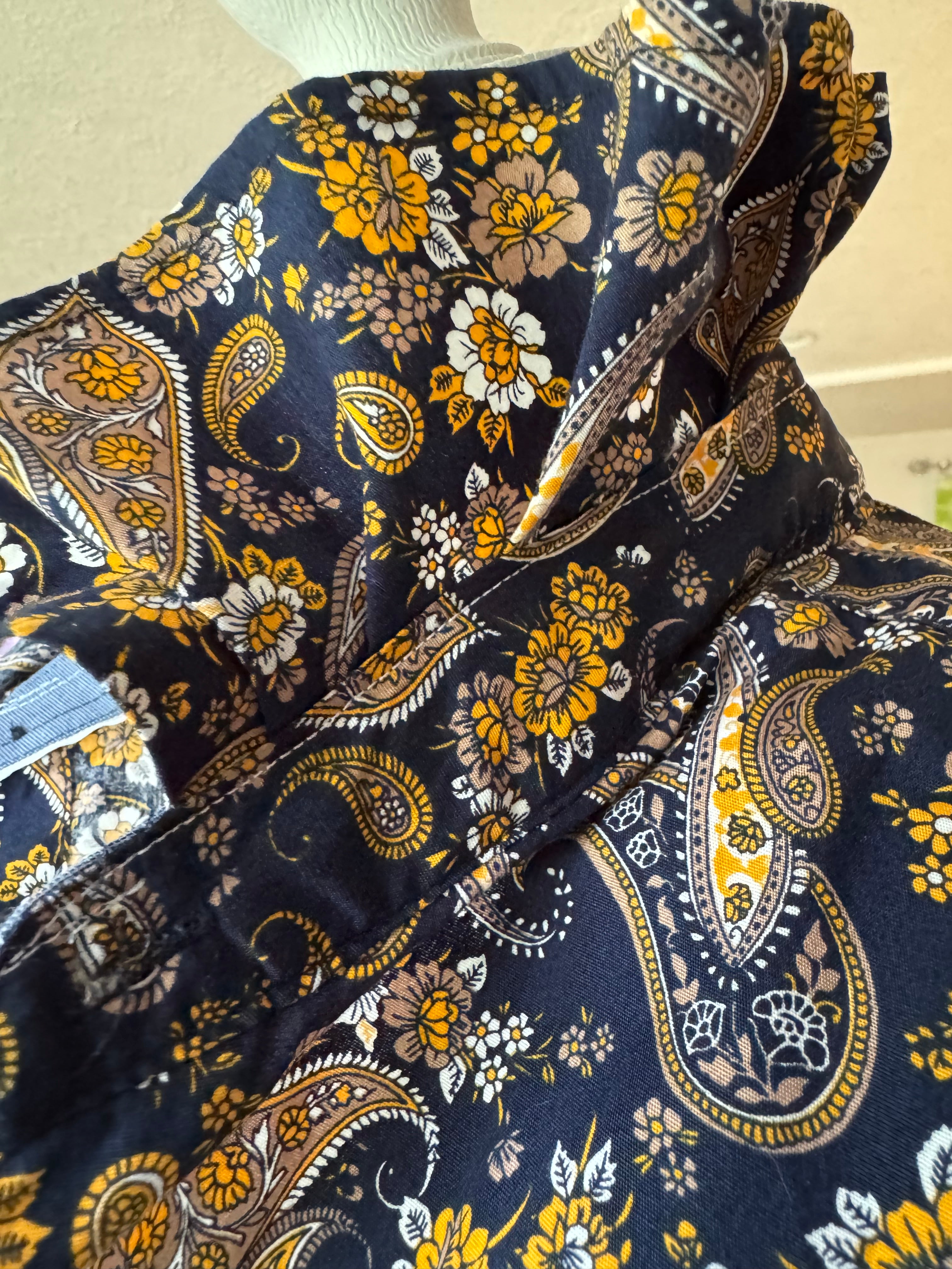 Navy with Yellow Paisley - Long Sleeve - Ruffle Collar Shirt - Size Medium