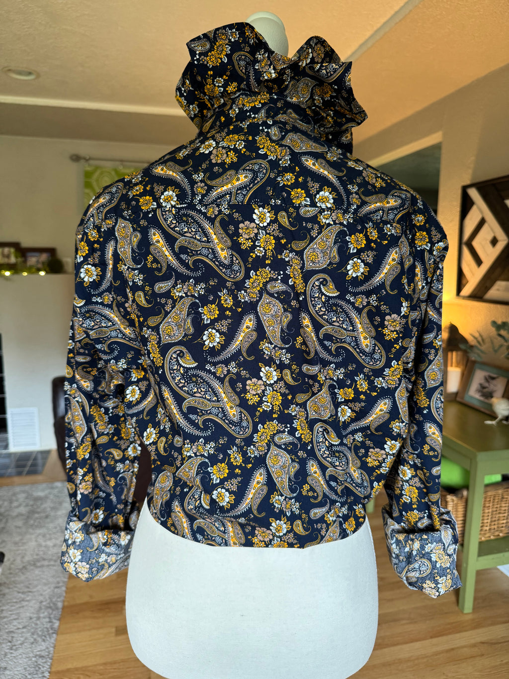 Navy with Yellow Paisley - Long Sleeve - Ruffle Collar Shirt - Size Medium