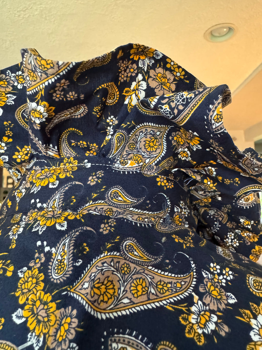 Navy with Yellow Paisley - Long Sleeve - Ruffle Collar Shirt - Size Medium