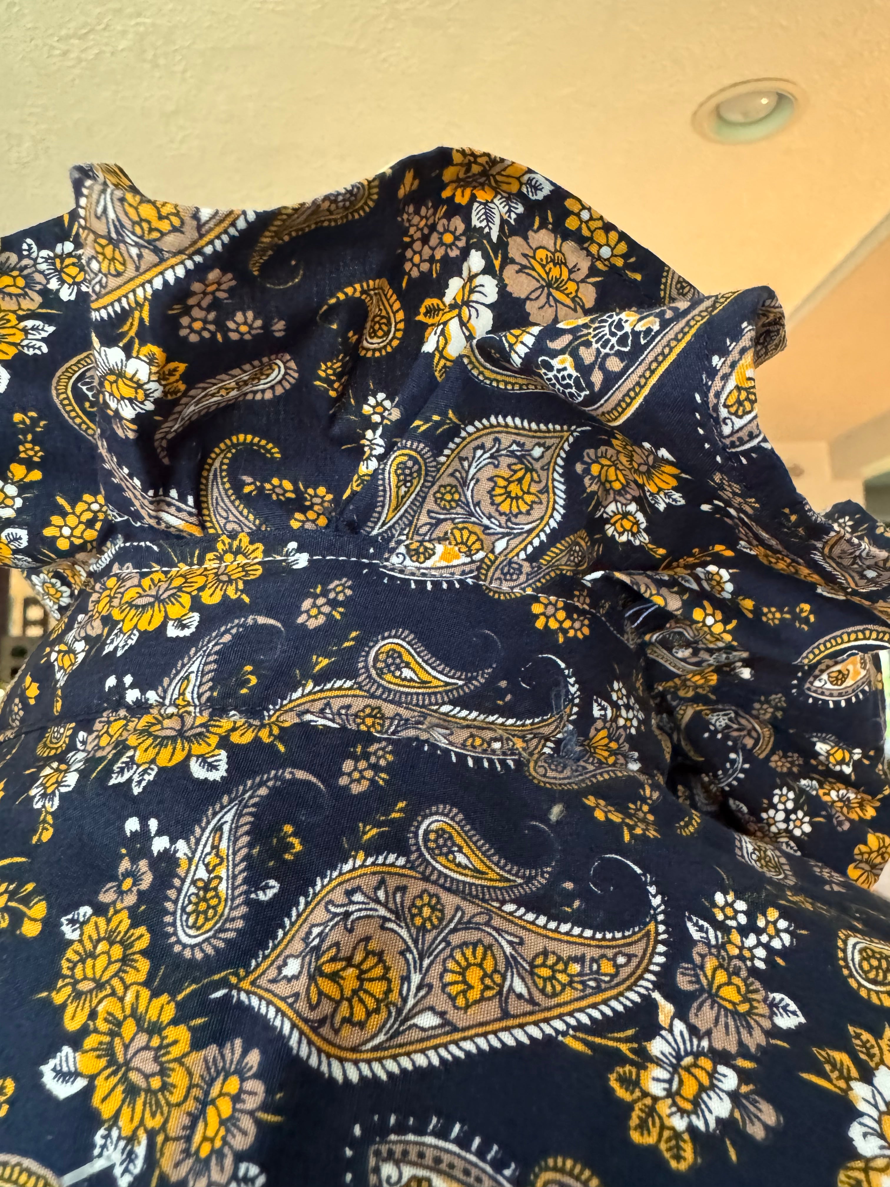 Navy with Yellow Paisley - Long Sleeve - Ruffle Collar Shirt - Size Medium