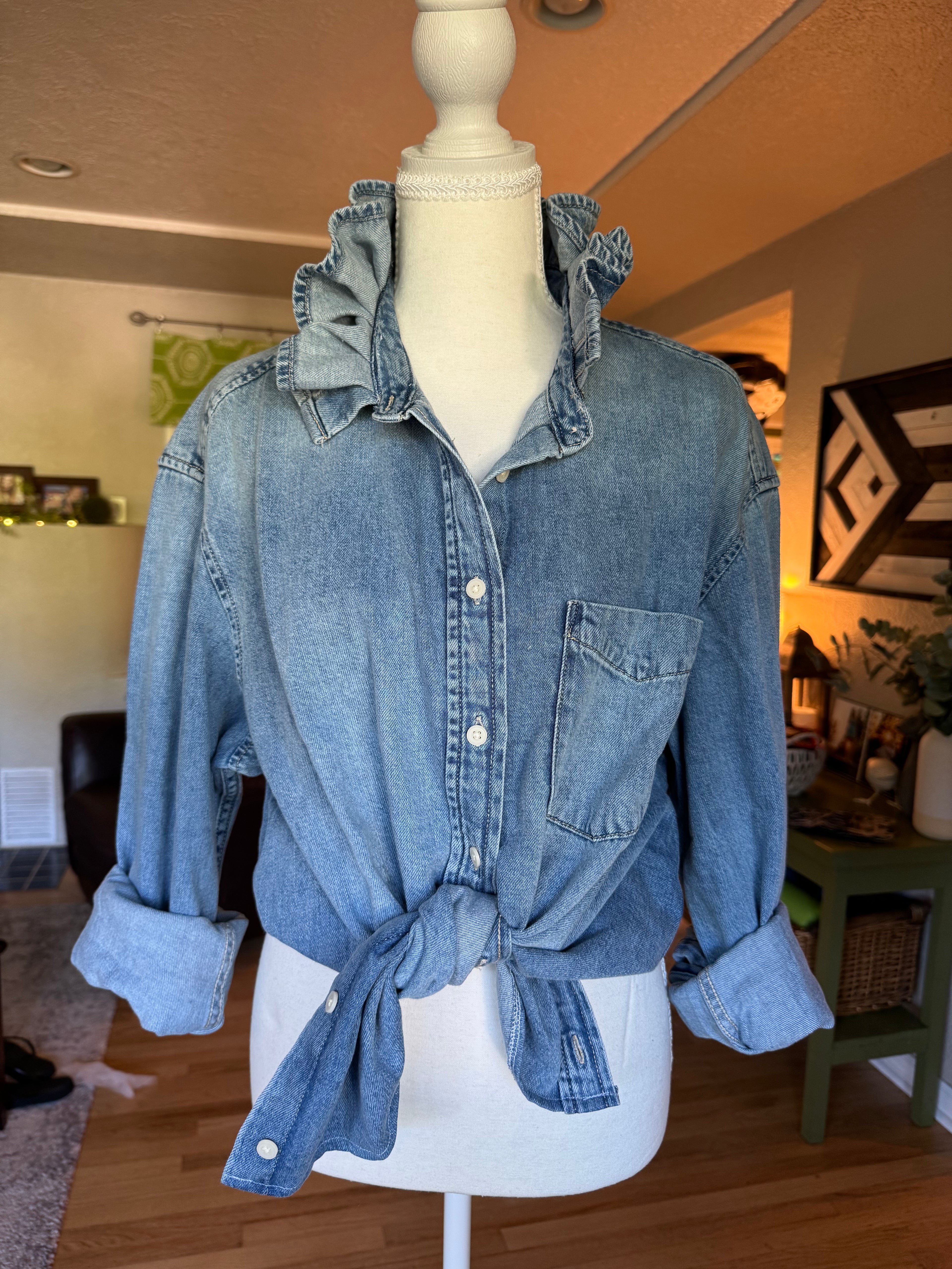 Medium Wash Denim - Brand New Gap Upcycled Women's shirt with Ruffle Collar