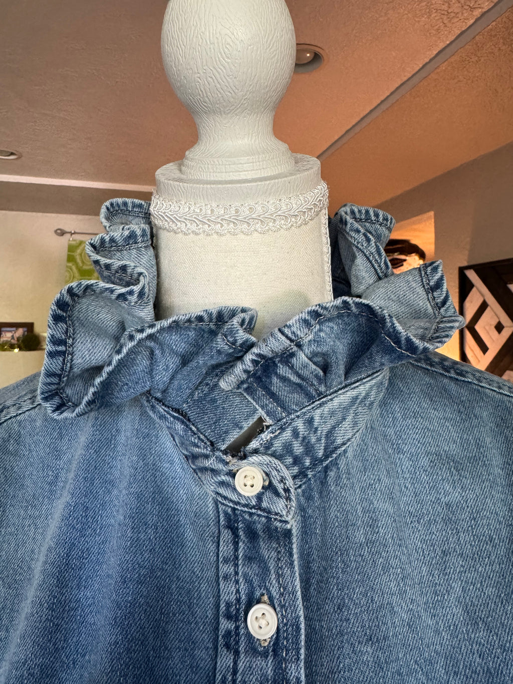 Medium Wash Denim - Brand New Gap Upcycled Women's shirt with Ruffle Collar