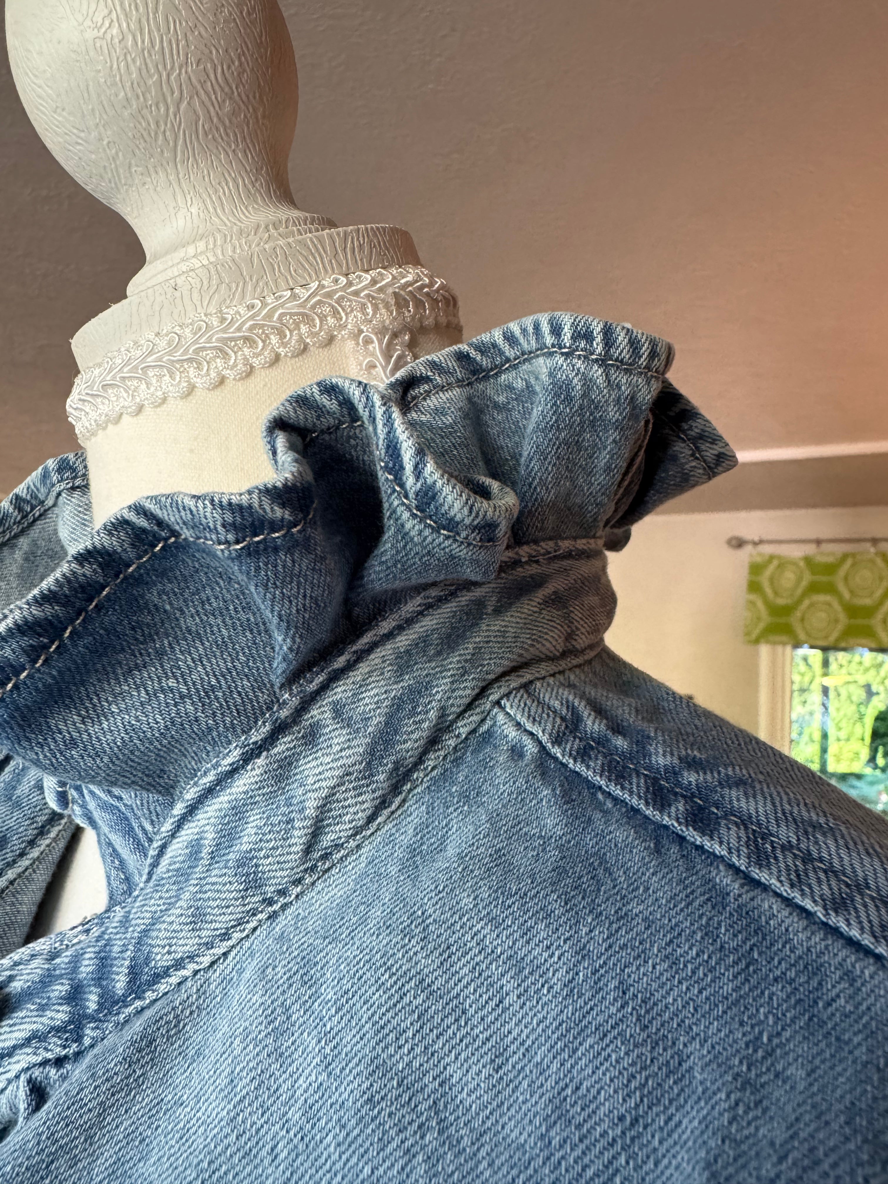 Medium Wash Denim - Brand New Gap Upcycled Women's shirt with Ruffle Collar