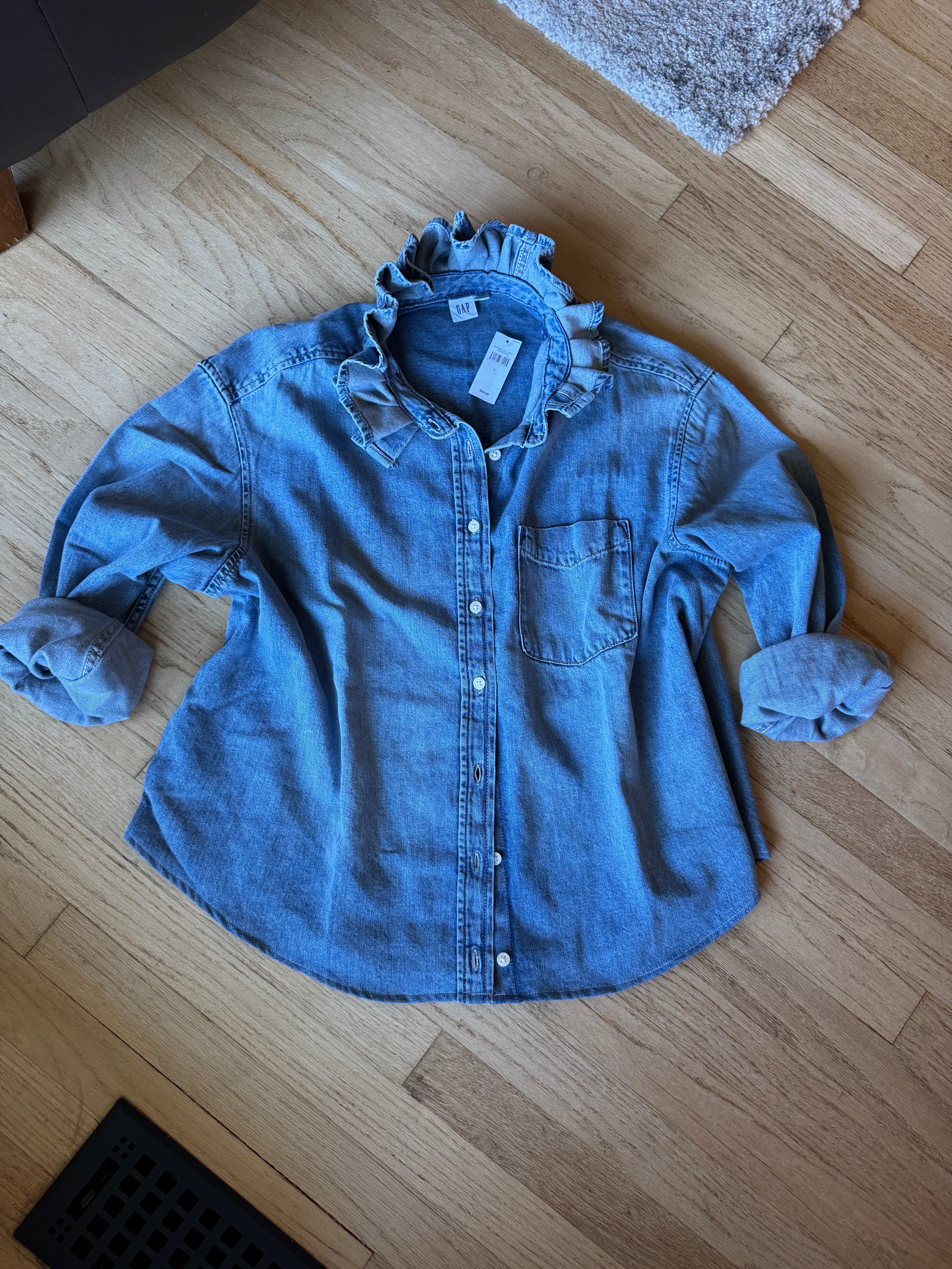 Medium Wash Denim - Brand New Gap Upcycled Women's shirt with Ruffle Collar