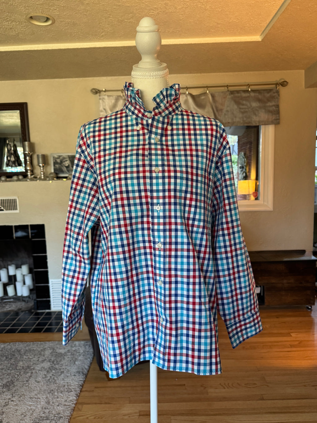 SOLD James - JOS A Bank Upcycled Mens Ruffle Shirt - Turquoise/Red Plaid - Size Medium