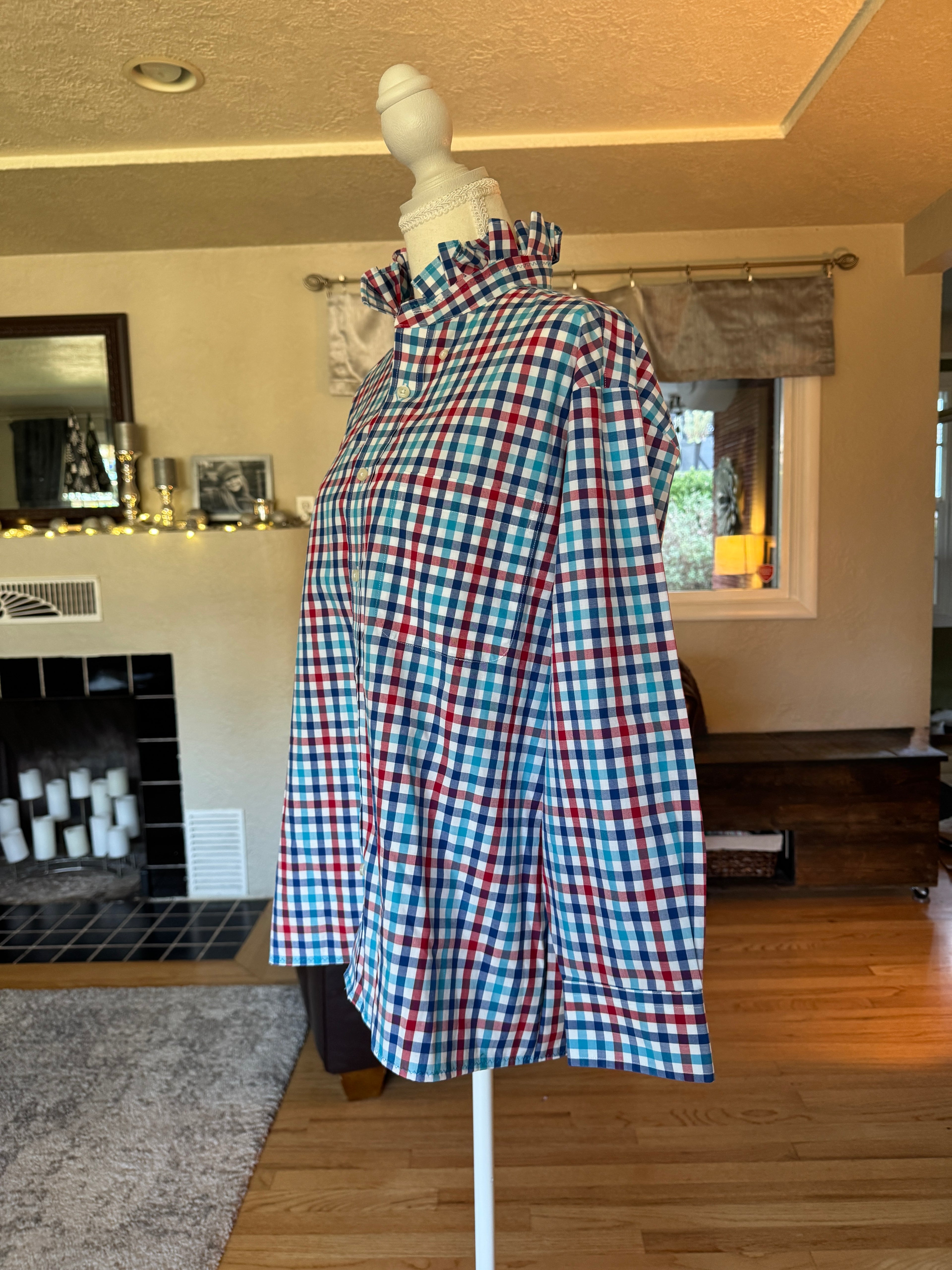 SOLD James - JOS A Bank Upcycled Mens Ruffle Shirt - Turquoise/Red Plaid - Size Medium