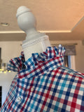SOLD James - JOS A Bank Upcycled Mens Ruffle Shirt - Turquoise/Red Plaid - Size Medium