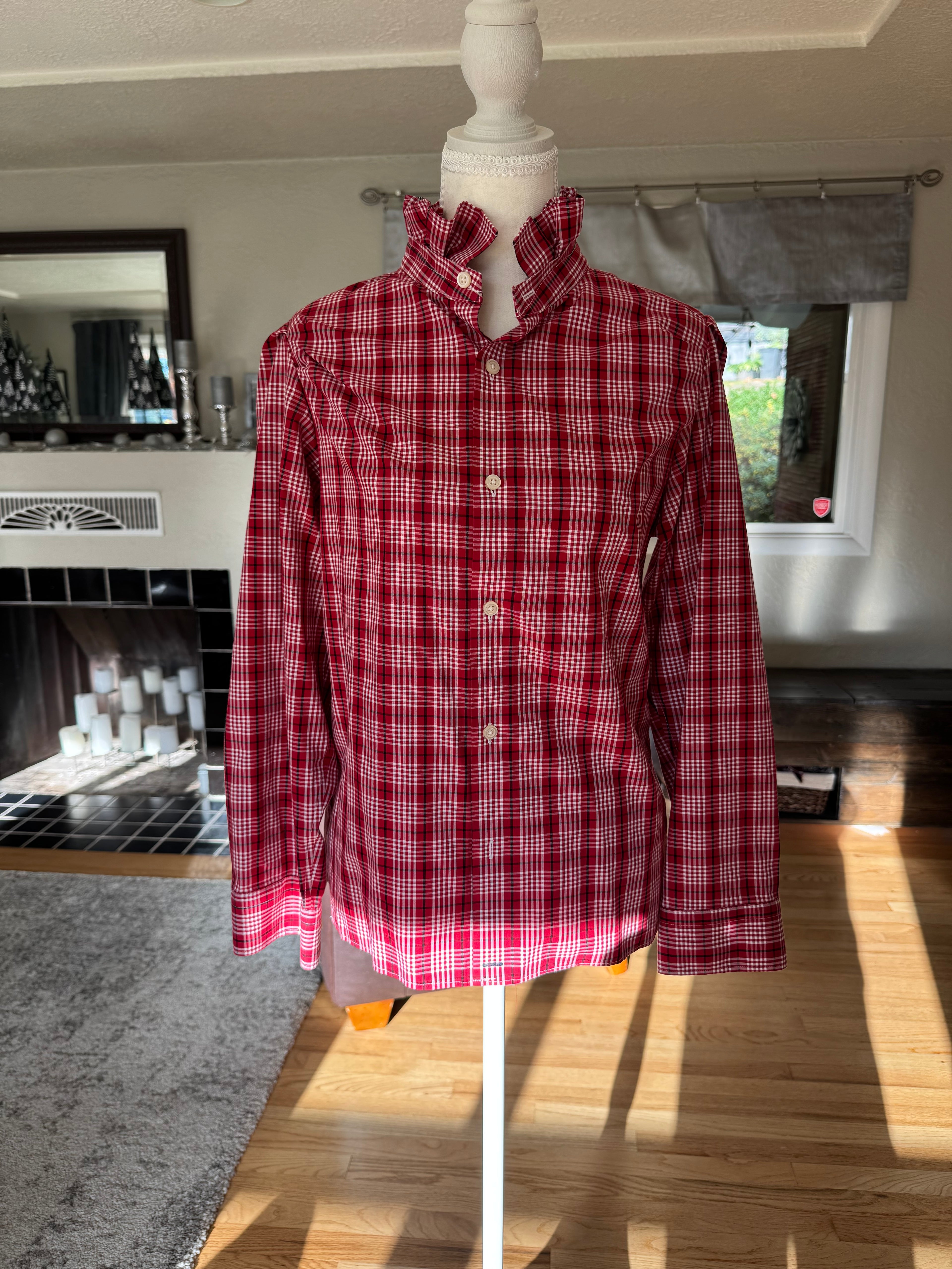 SOLD Kate - Ralph Lauren Mens Upcycled Ruffle Shirt - Red plaid - size Medium