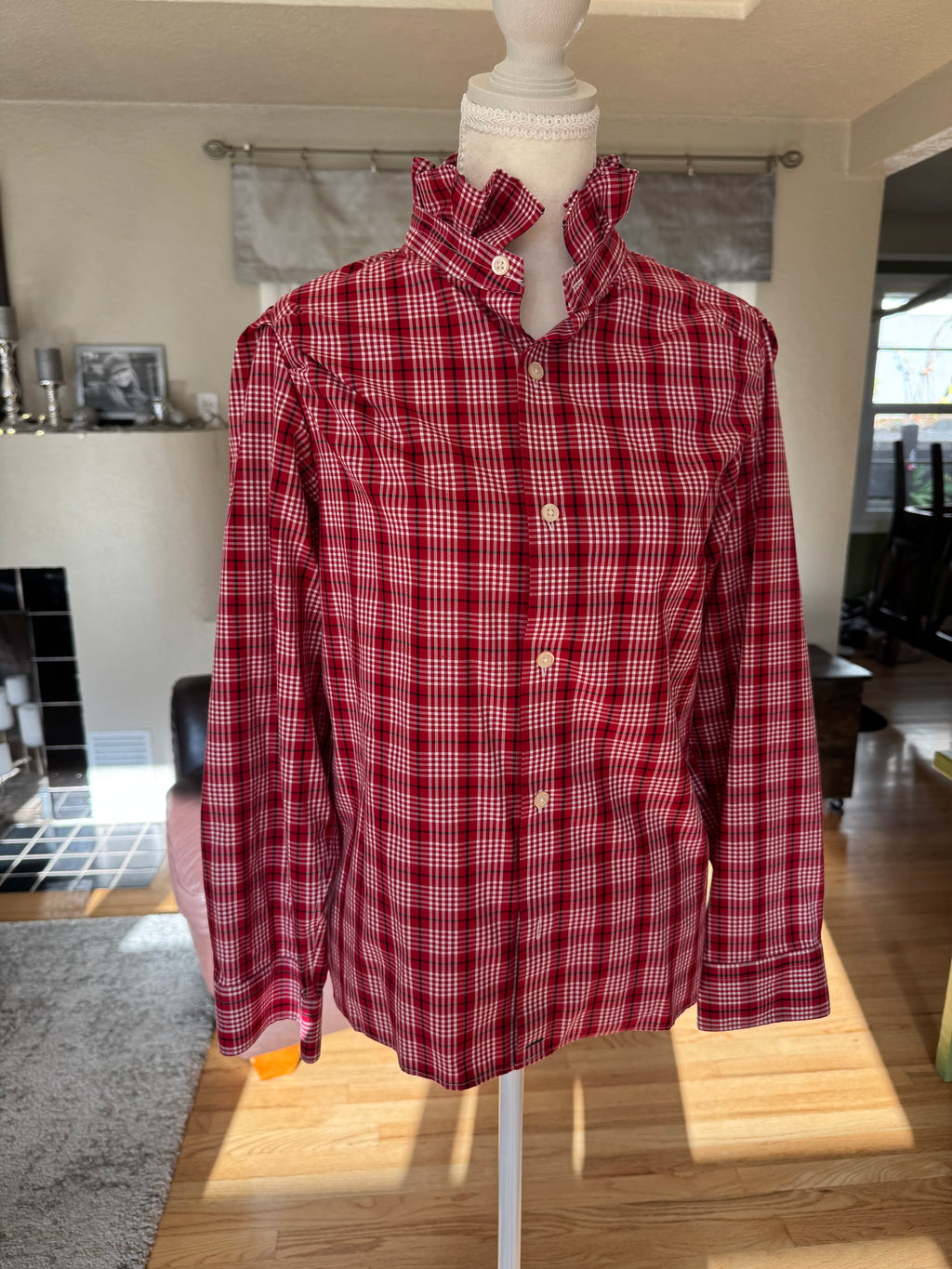 SOLD Kate - Ralph Lauren Mens Upcycled Ruffle Shirt - Red plaid - size Medium