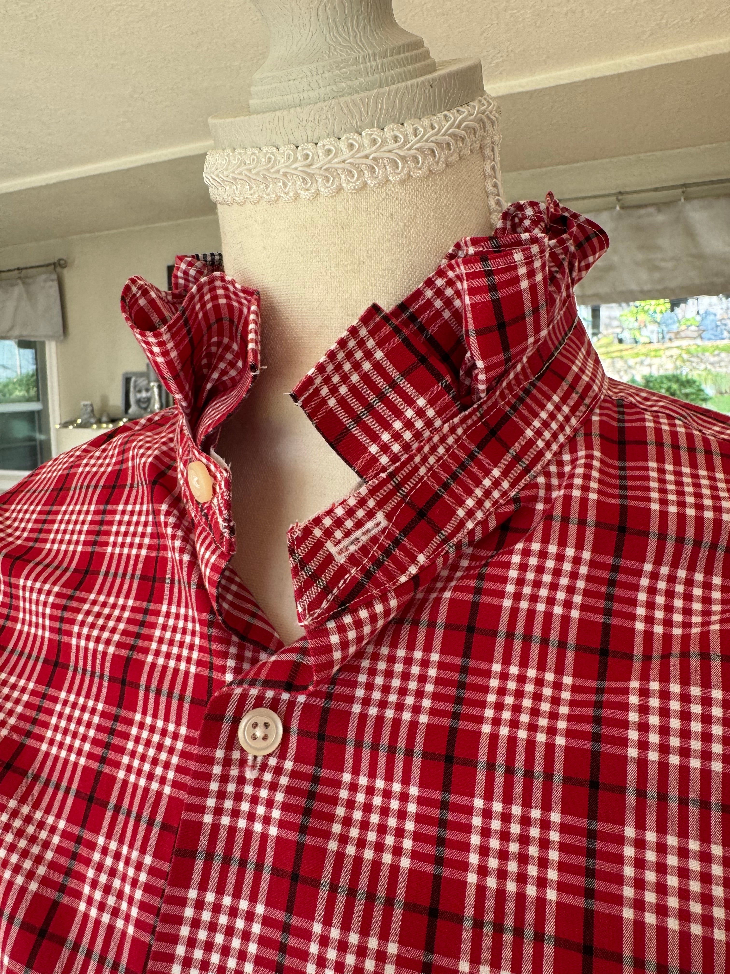 SOLD Kate - Ralph Lauren Mens Upcycled Ruffle Shirt - Red plaid - size Medium