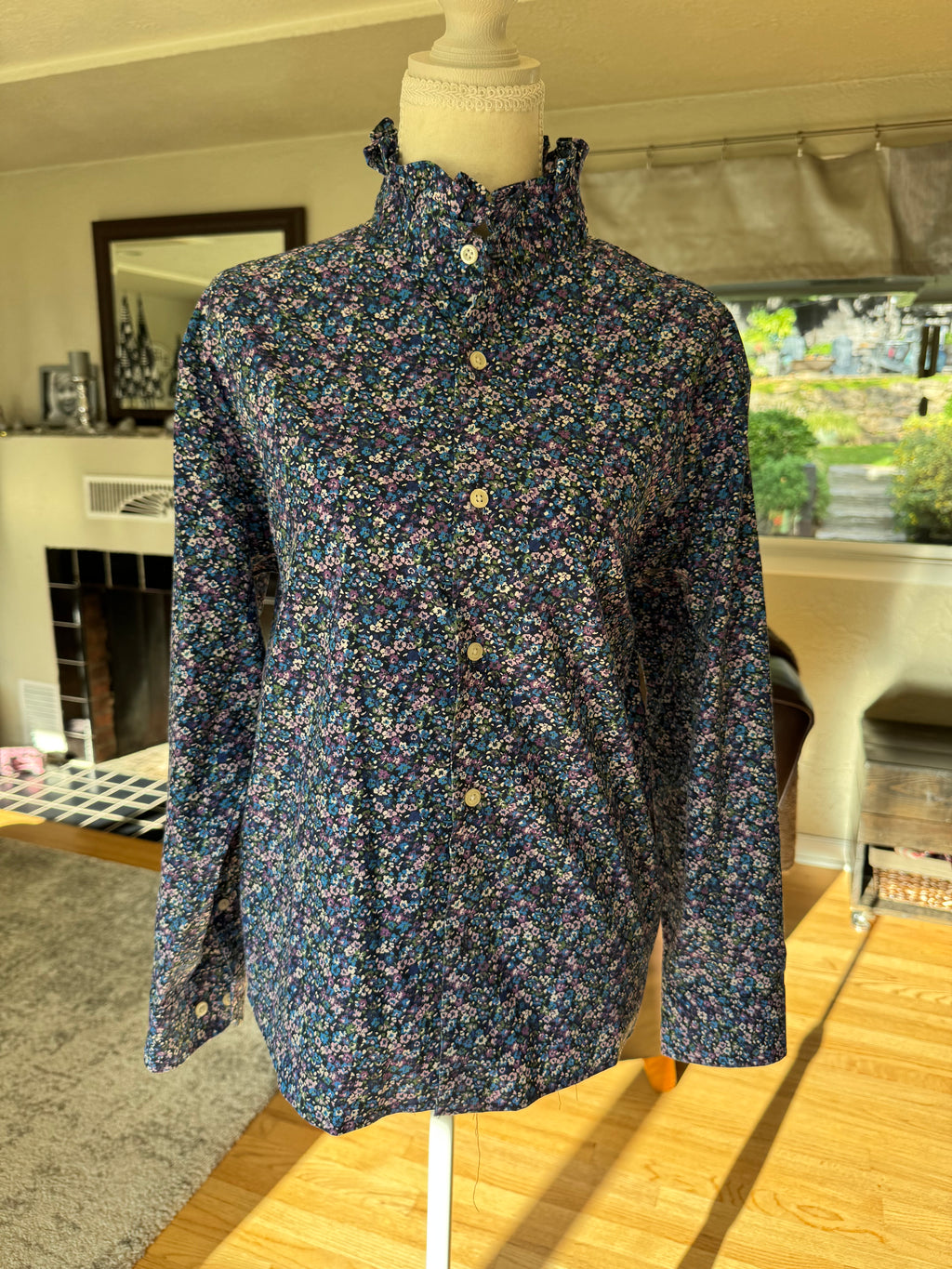 SOLD Scotti - Navy Floral Print Mens Upcycled Ruffle Shirt - Size Medium