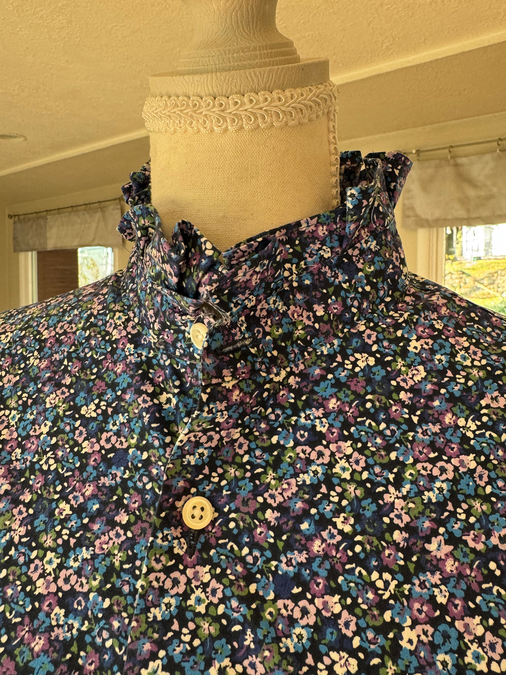 SOLD Scotti - Navy Floral Print Mens Upcycled Ruffle Shirt - Size Medium